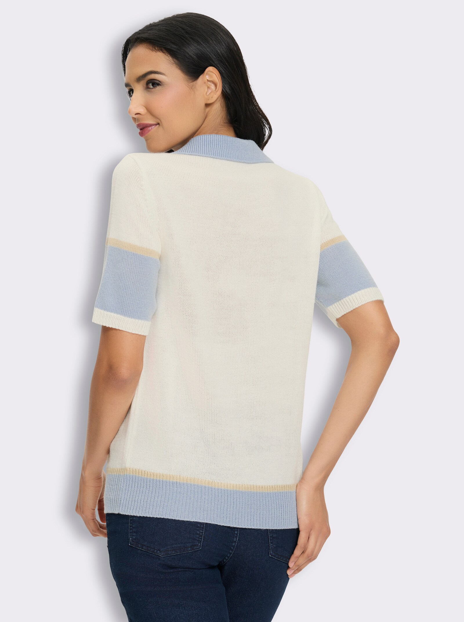 Polopullover mit silberfarbenen Schmuckknöpfen - ecru-hellblau-gemustert