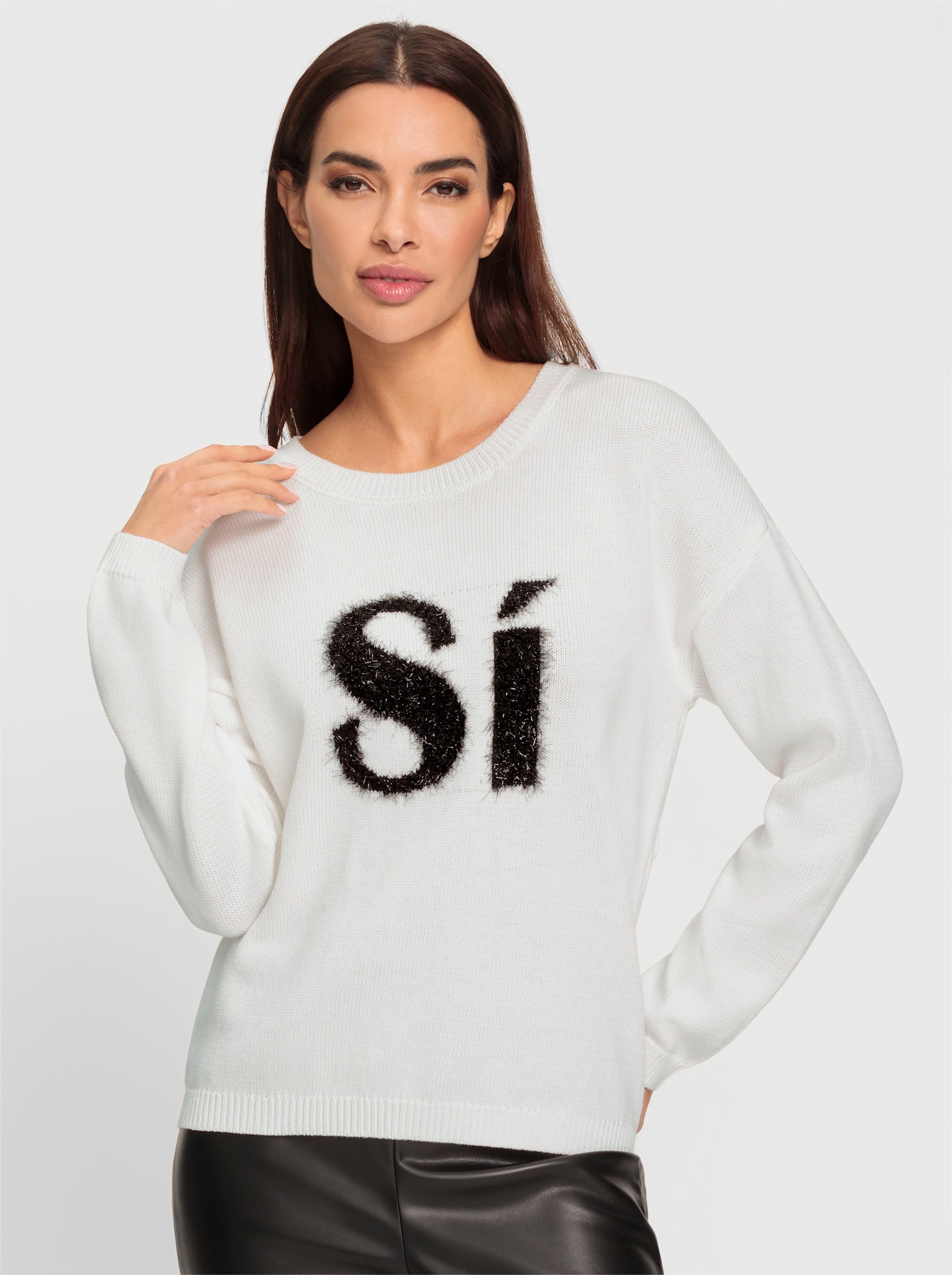 heine Rundhalspullover mit Glitzer-Stickerei - ecru
