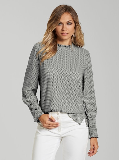 Rüschenbluse mit Smok-Blende - schwarz-weiß-gemustert