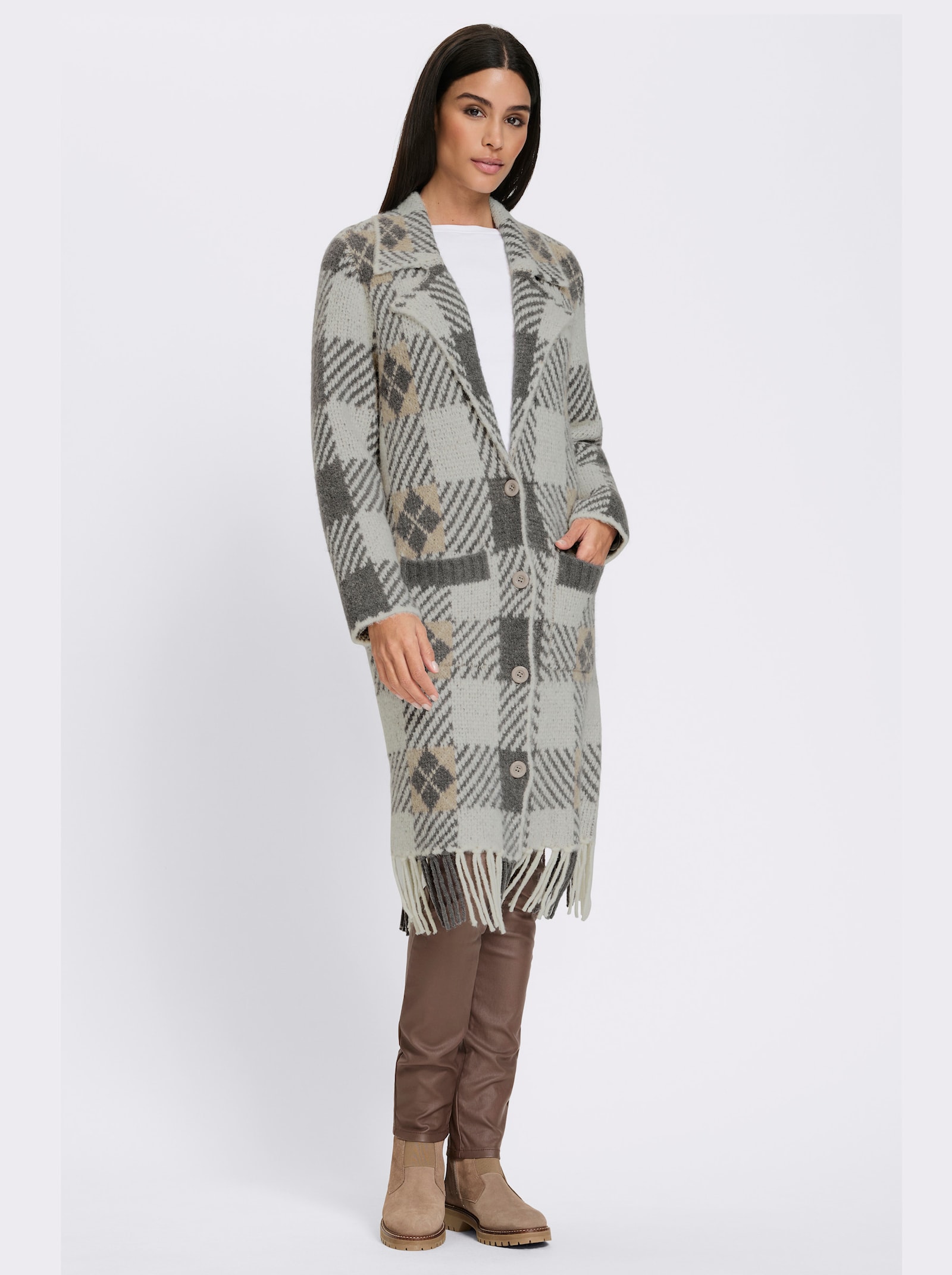 heine Jacquardstrickjacke mit Fransen - ecru-sesam-gemustert