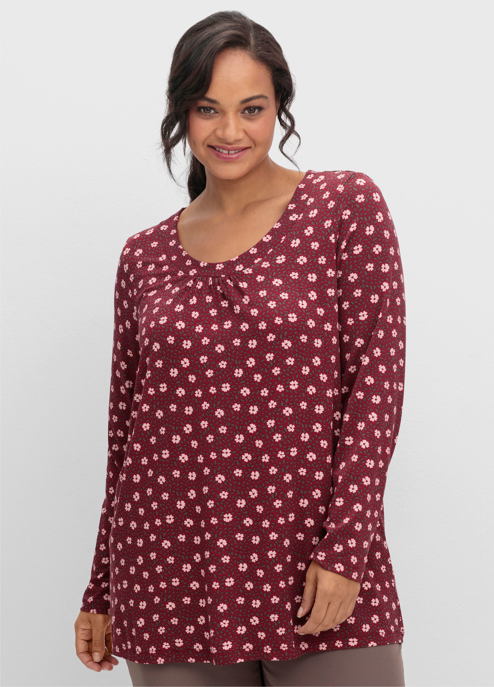 Tunikashirt in A-Form - dunkelrot-rosenquarz-bedruckt