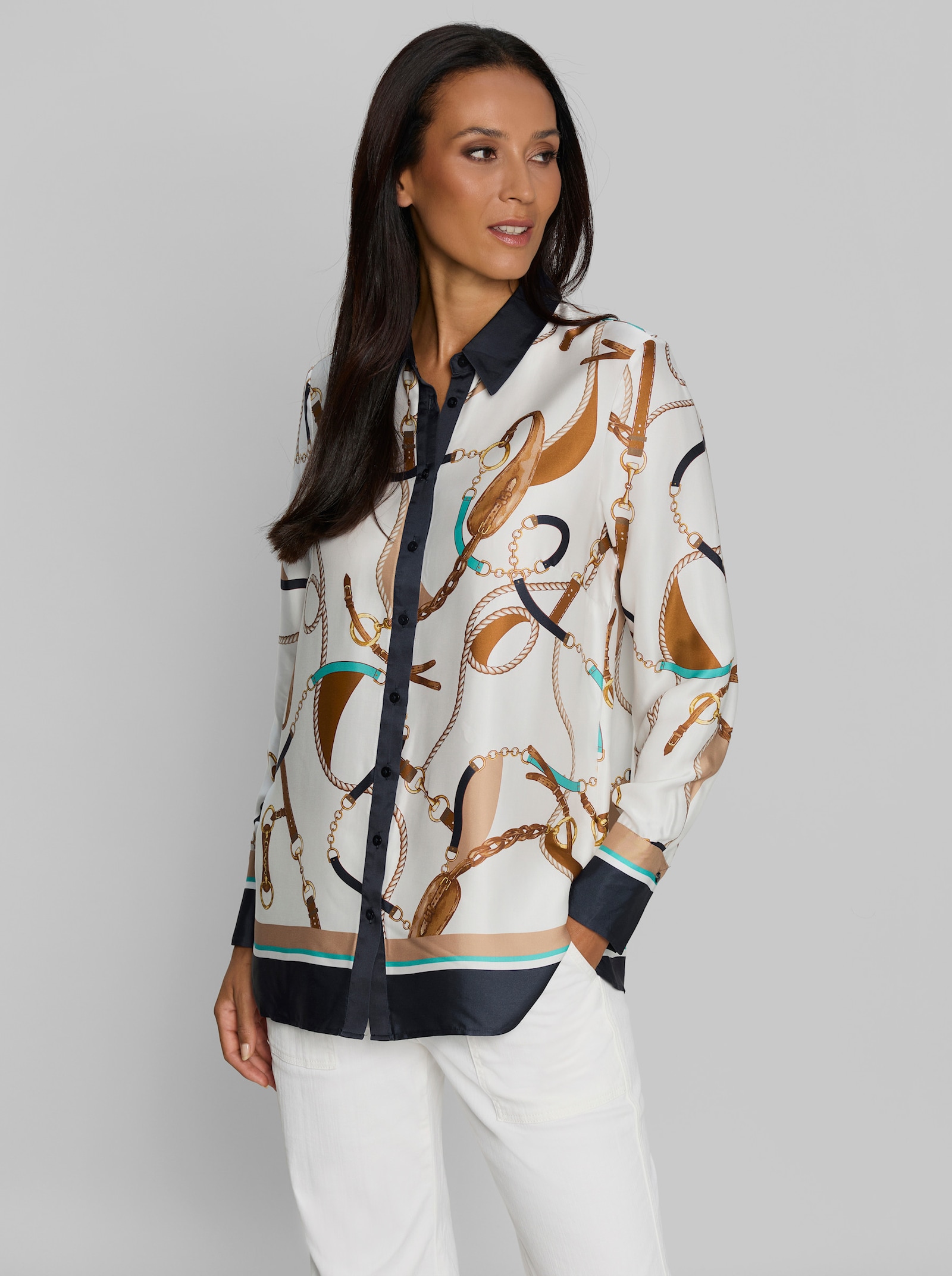 heine Satinbluse mit Ketten-Print - ecru-marine-bedruckt