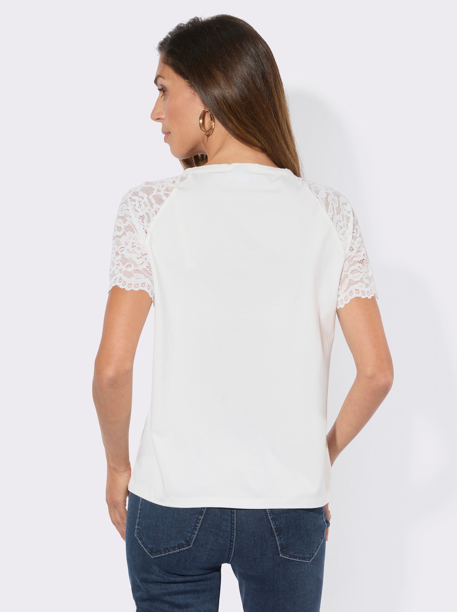 Rundhalsshirt mit Spitzen-Ärmel - ecru