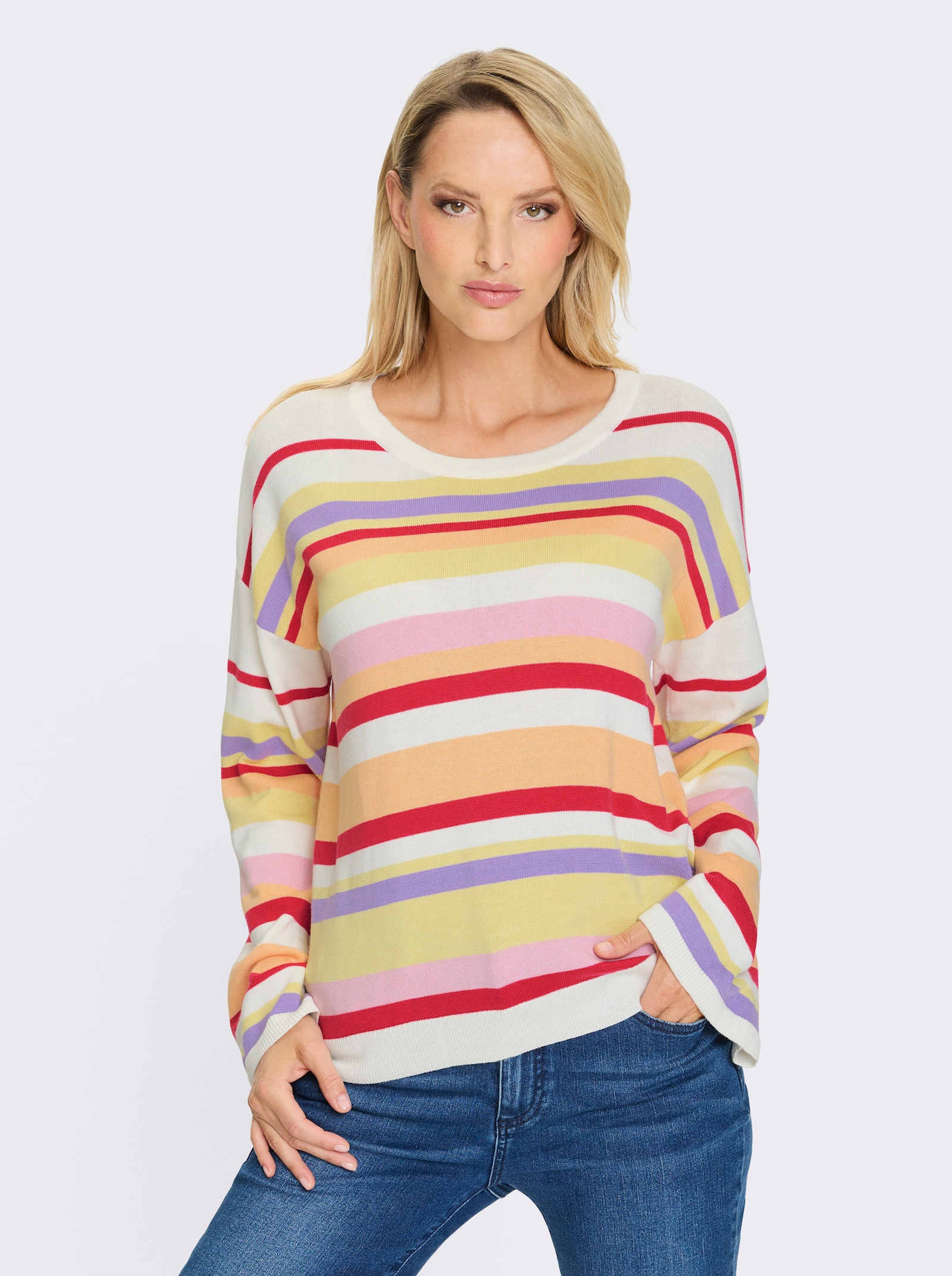 heine Streifenpullover mit Trompetenärmel - ecru-zitrone-geringelt