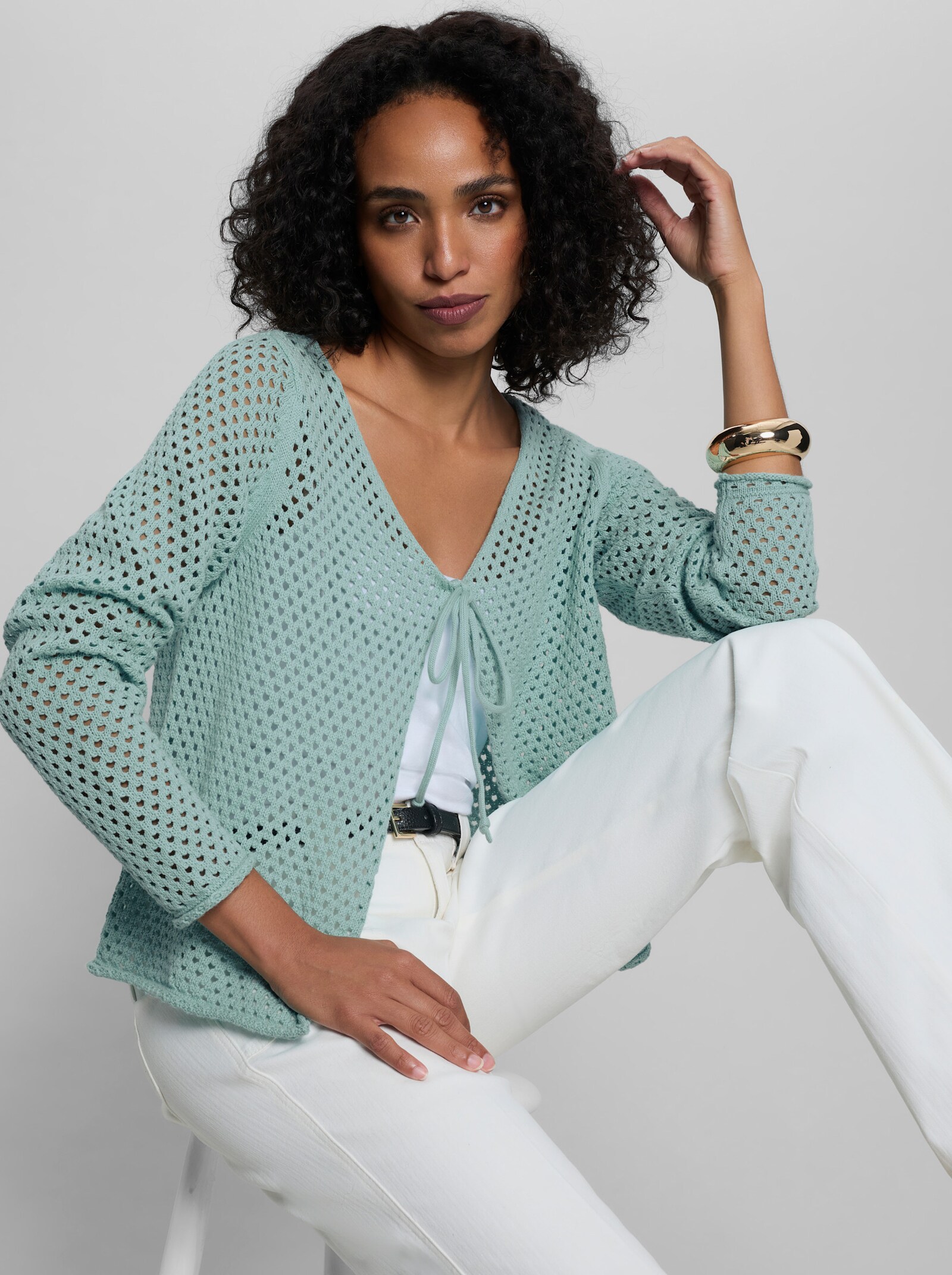 heine Ajourstrickjacke mit Rollkanten - mint