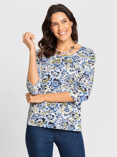 Rundhalsshirt mit Blumen-Druck - ecru-jeansblau-bedruckt