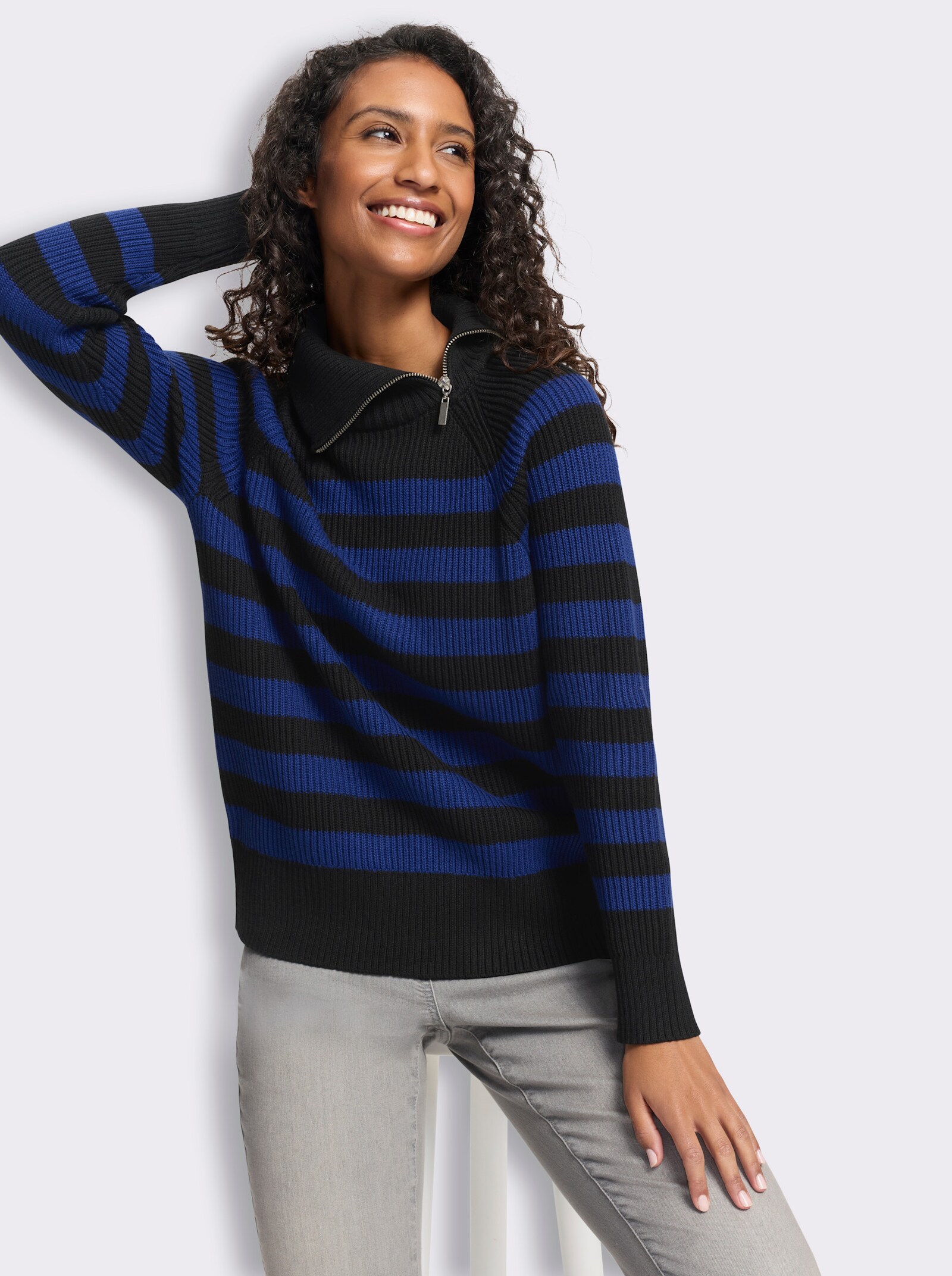 heine Langarm-Pullover mit Ringelstreifen - schwarz-royalblau-geringelt