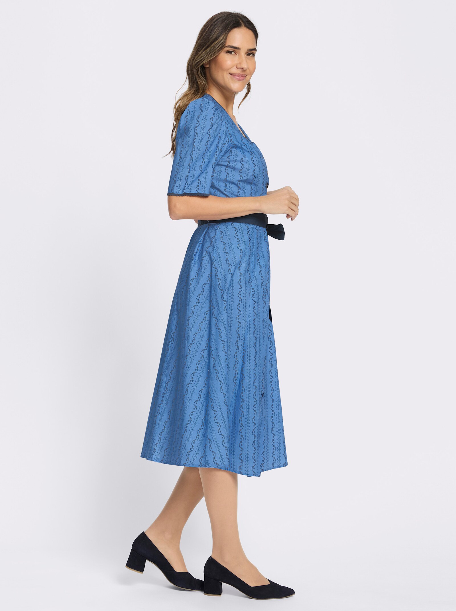 Trachtenkleid mit Bindegürtel - mittelblau-dunkelblau-bedruckt
