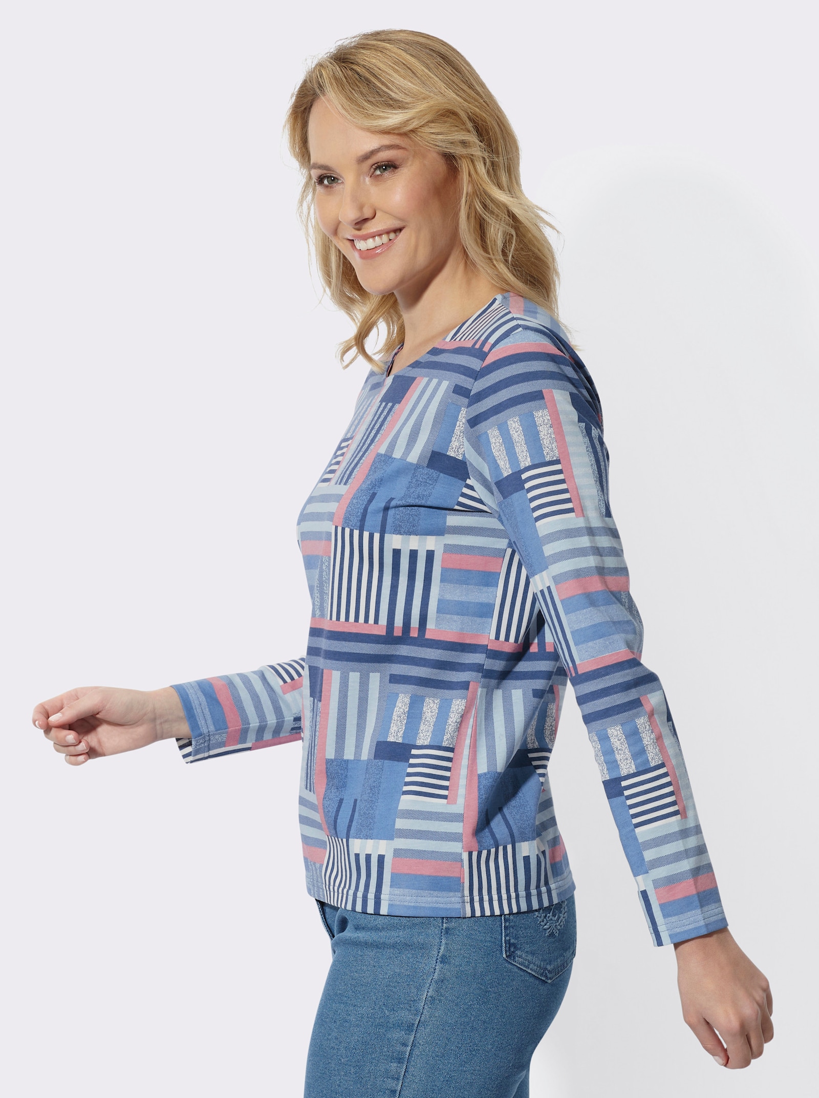 Langarmshirt in gestreifter Patch-Optik - jeansblau-altrosa-bedruckt