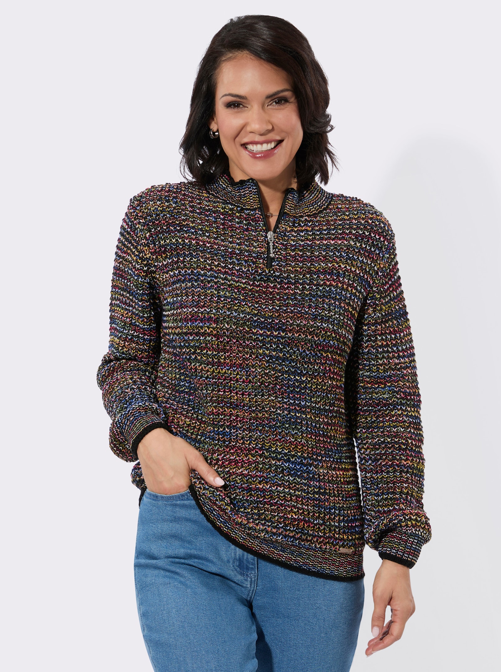 Stehkragenpullover mit kurzem Reißverschluss - rot-schwarz-gemustert