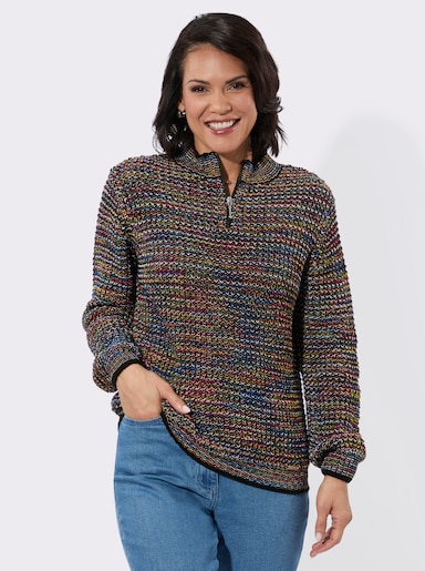 Stehkragenpullover mit kurzem Reißverschluss - rot-schwarz-gemustert