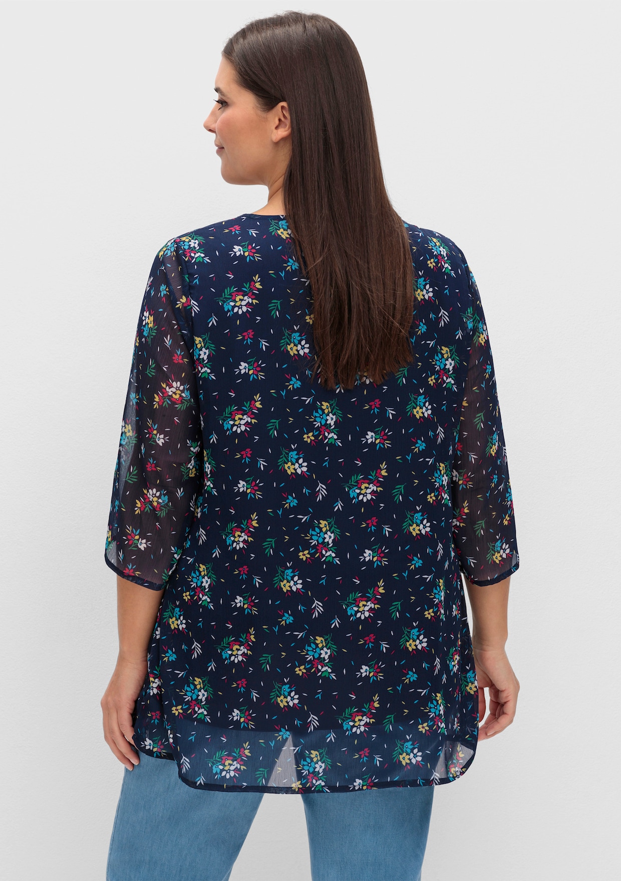 Longbluse - marine-pink-bedruckt