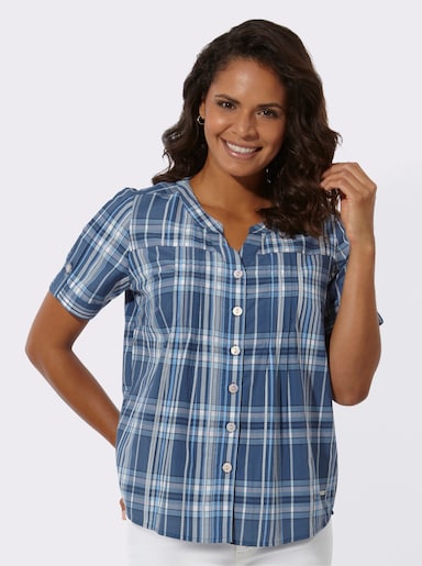 Karobluse im pflegeleichten Material-Mix - jeansblau-marine-kariert