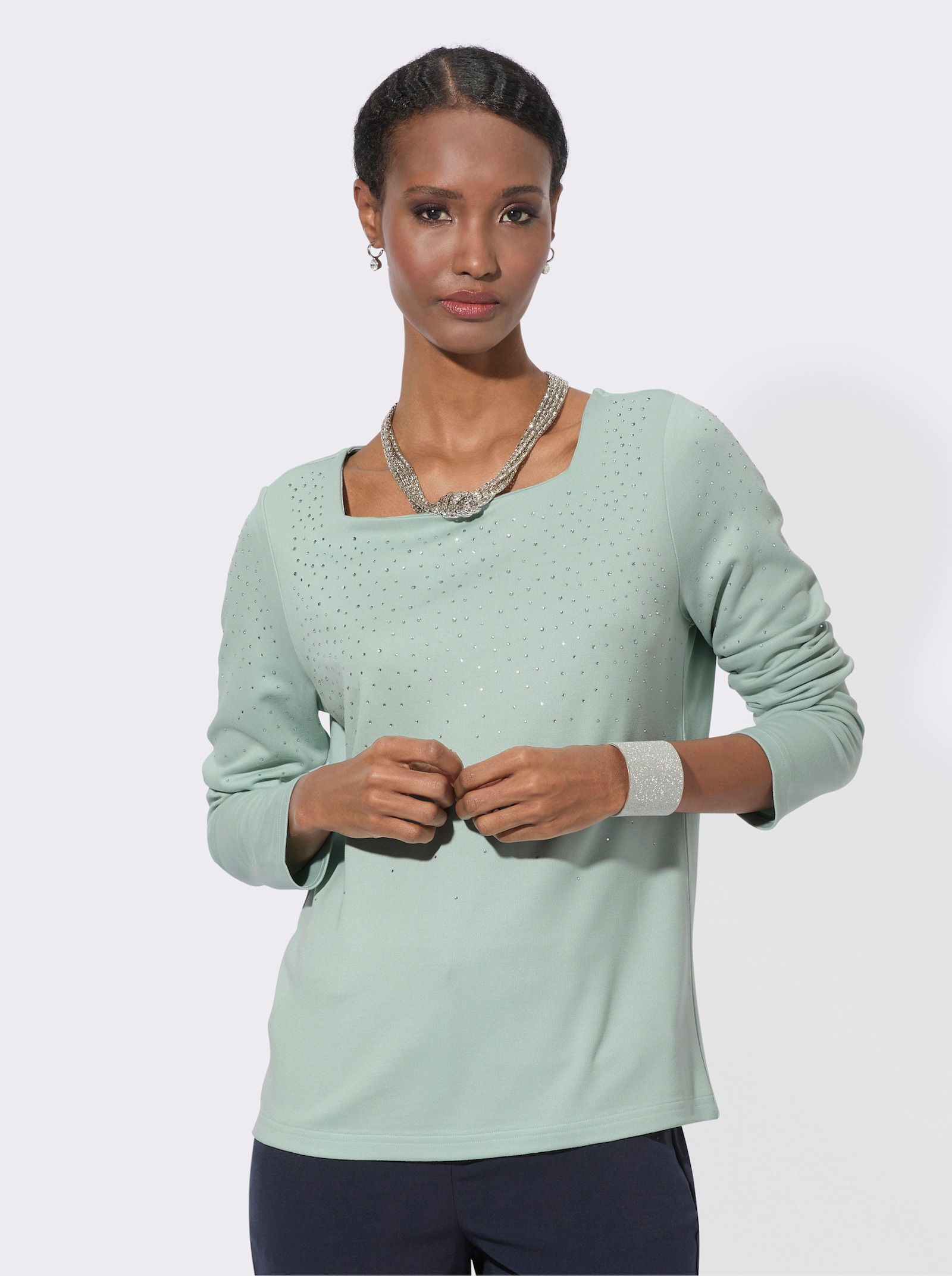 Langarmshirt mit Glitzersteinchen - kalkmint