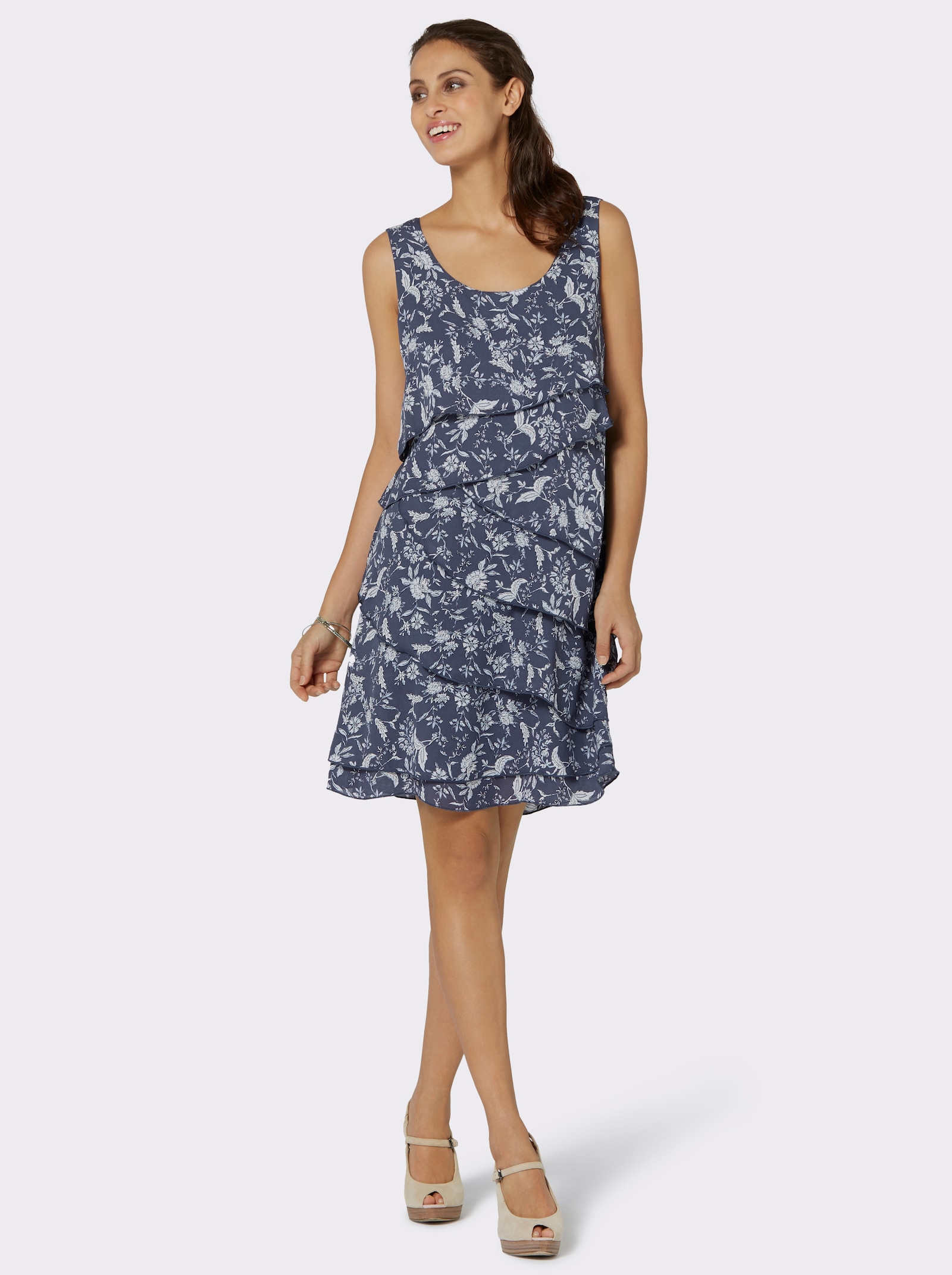 Druckkleid mit Lagen, geblümt - rauchblau-bedruckt