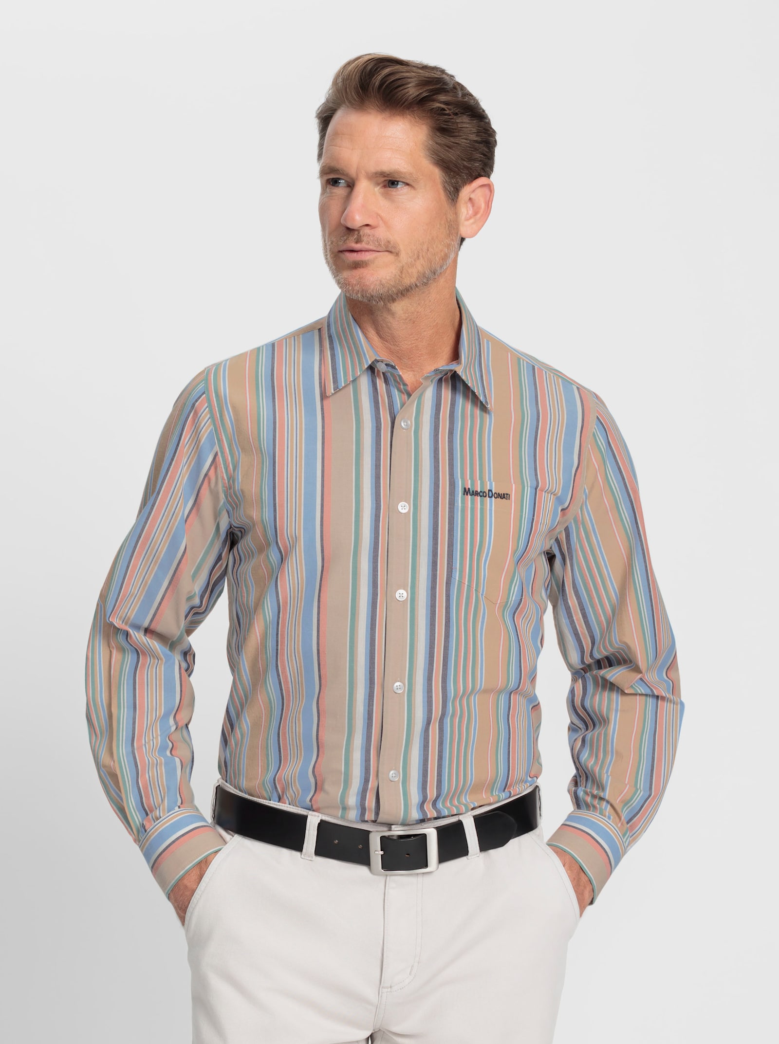 Marco Donati Langarmhemd mit Streifen-Muster, garngefärbt - camel-beige-gestreift