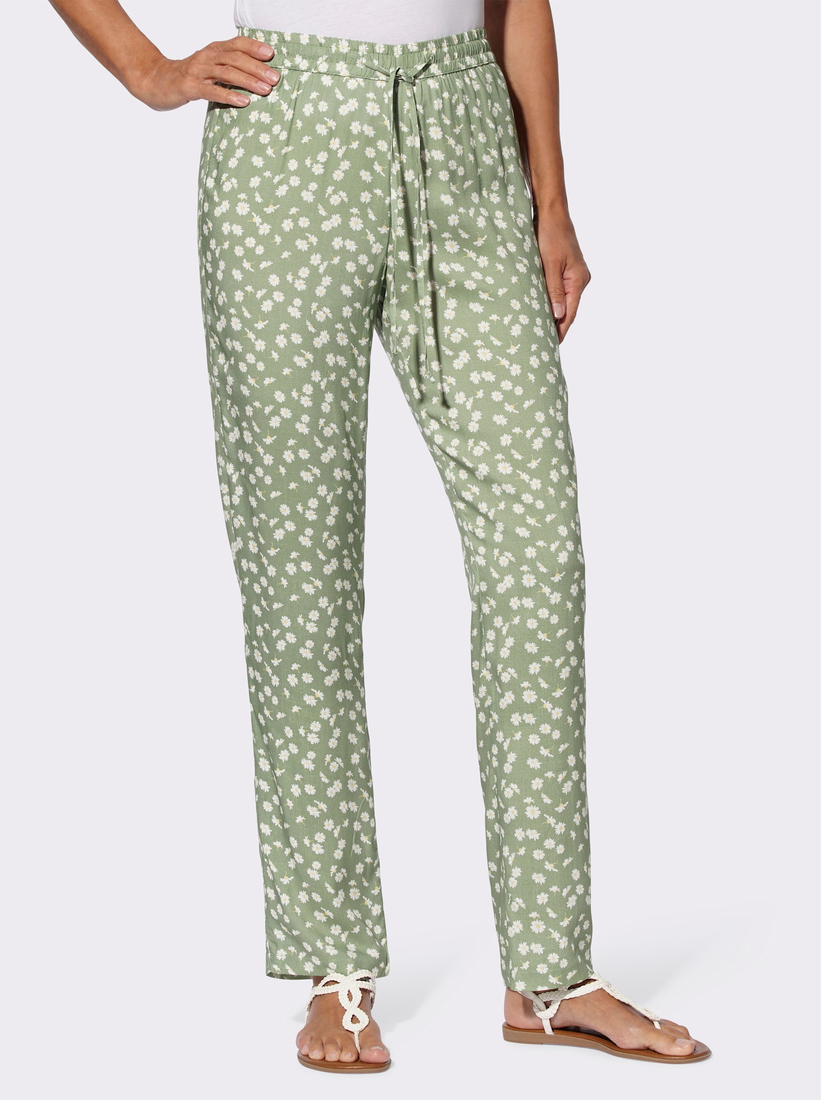 Schlupfhose im Blümchen-Dessin - eucalyptus-weiß-bedruckt