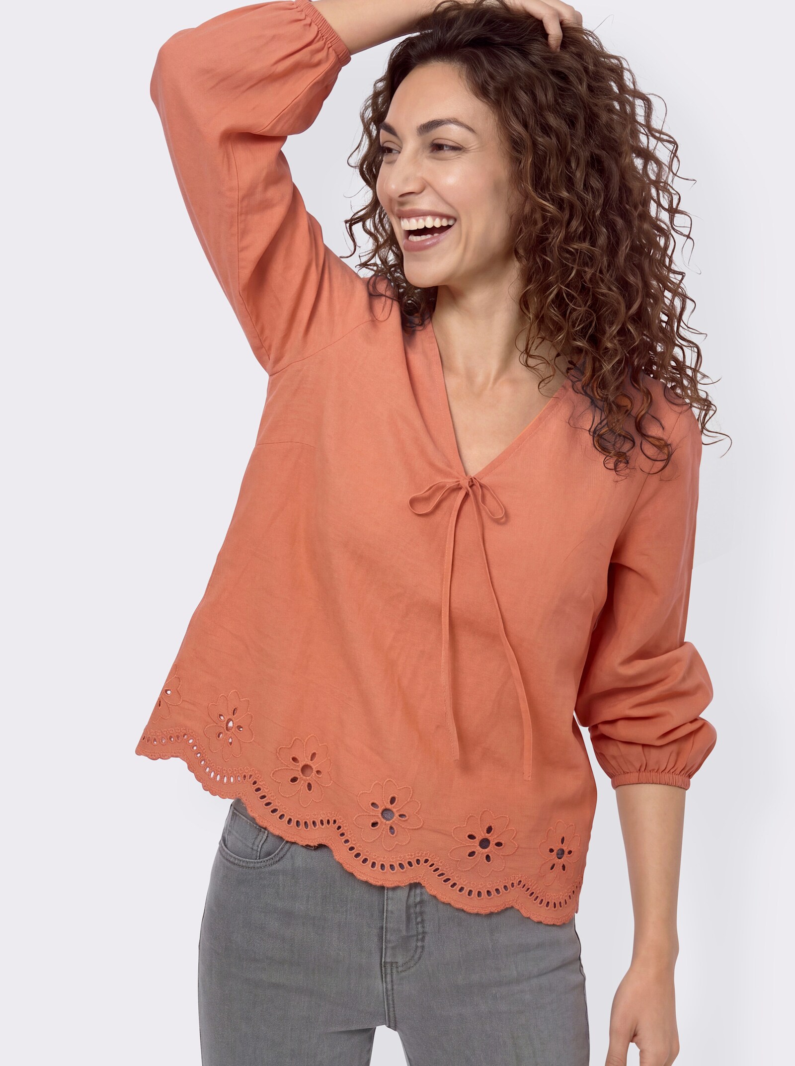 Baumwollbluse mit Lockstickerei - papaya