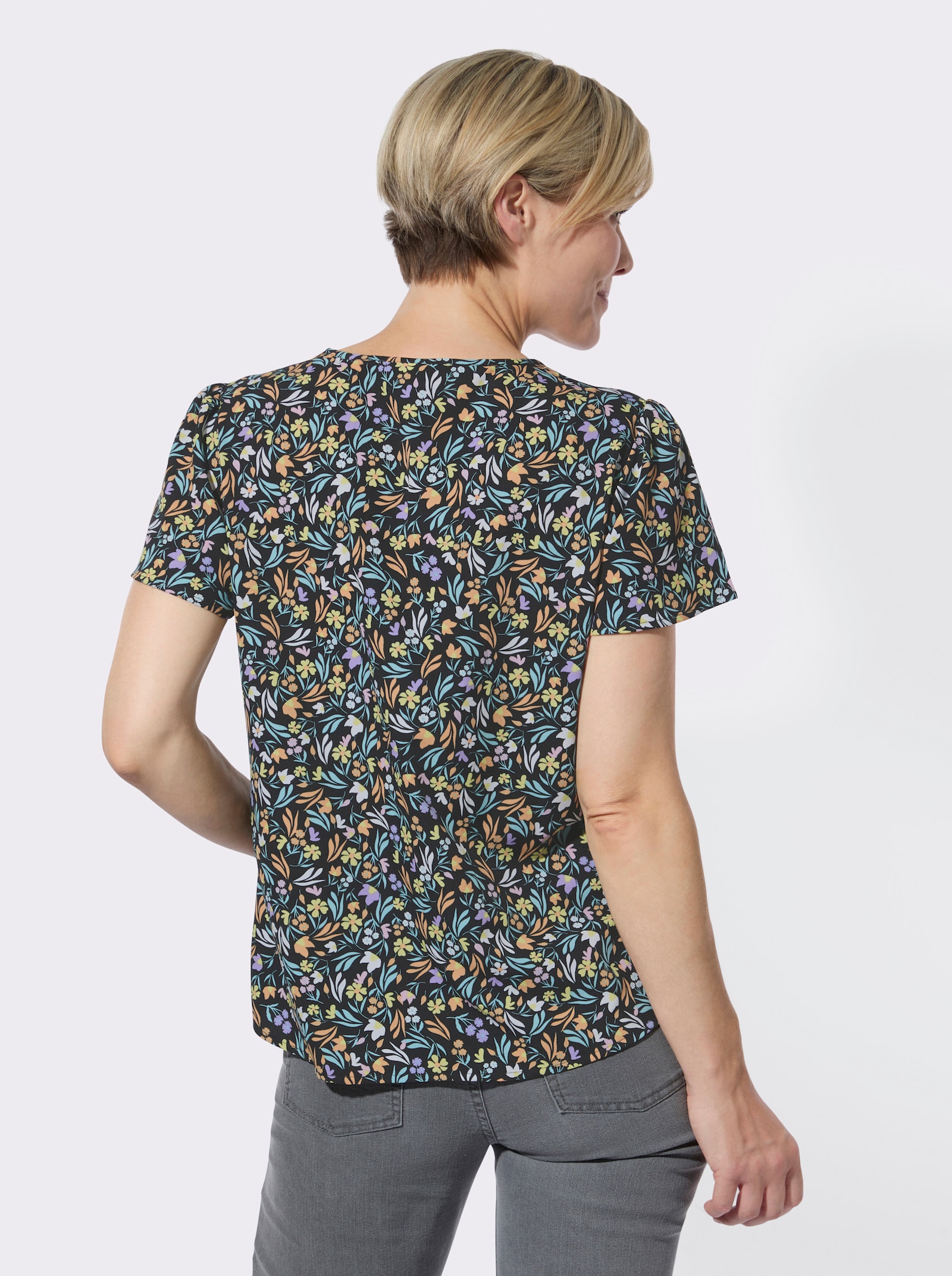 Schlupfbluse mit floralem Muster - schwarz-apricot-bedruckt