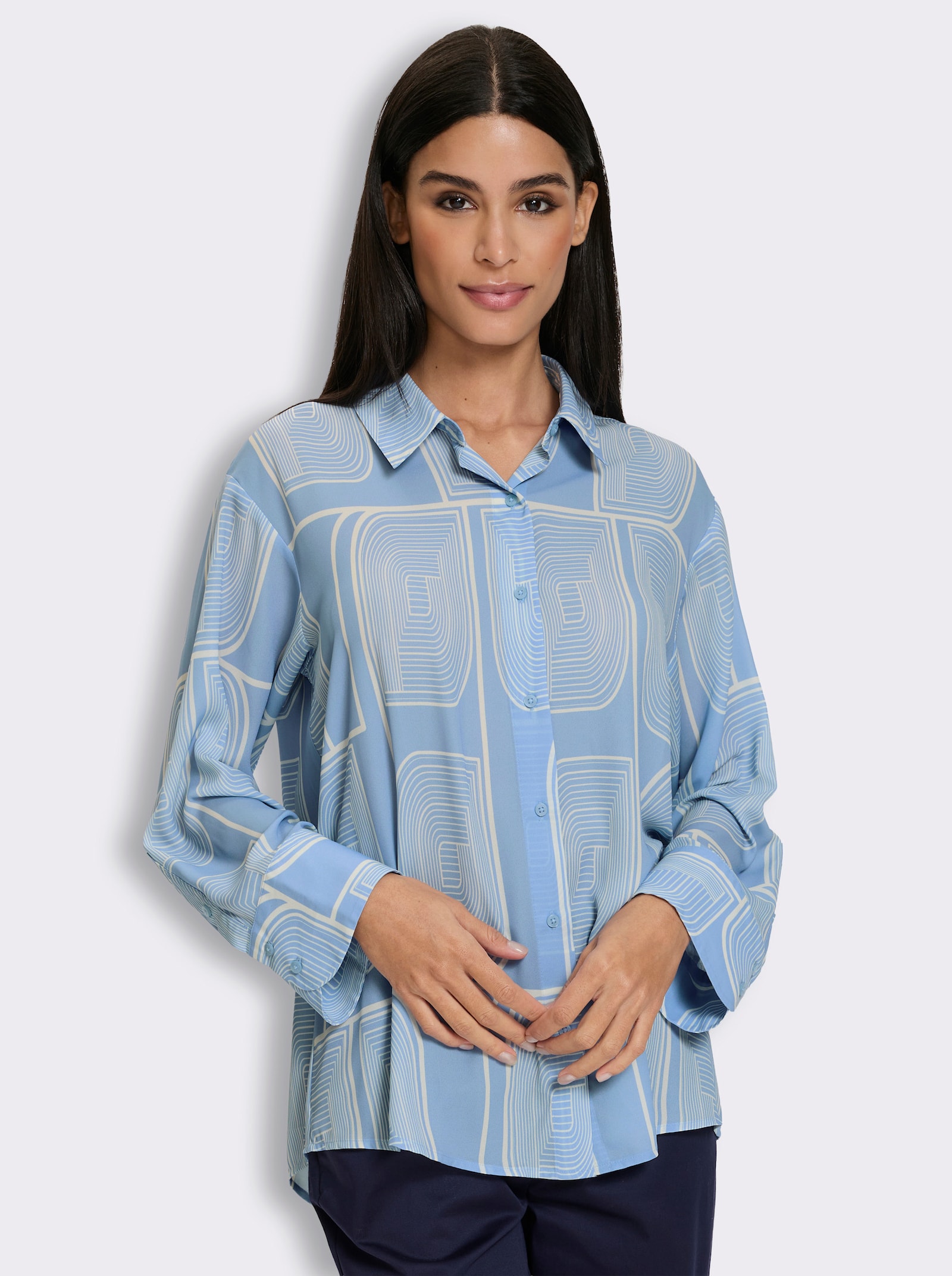 heine Druckbluse in Longform - eisblau-champagner-bedruckt