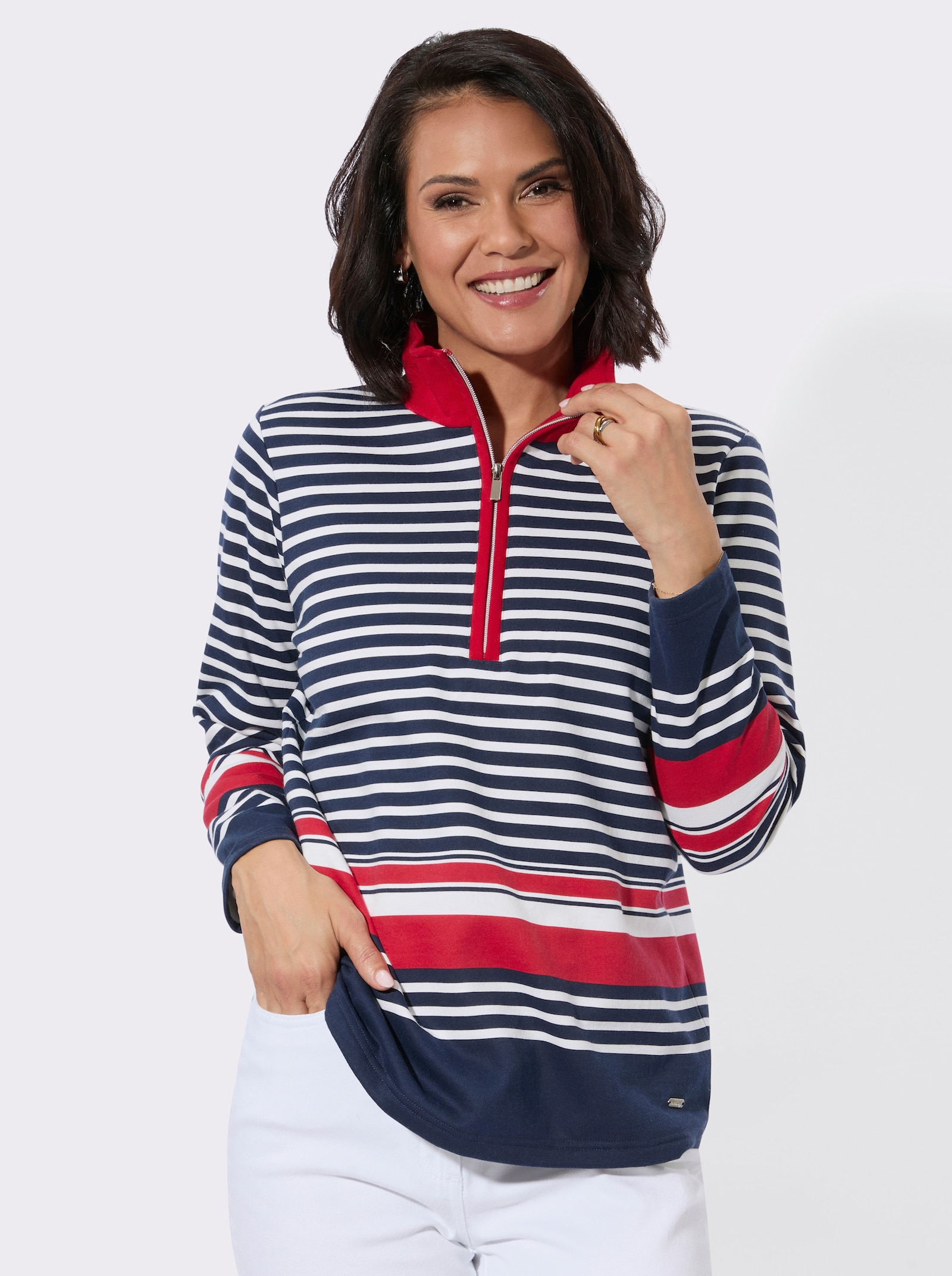 Sweatshirt mit platziertem Ringelmuster - marine-rot-geringelt