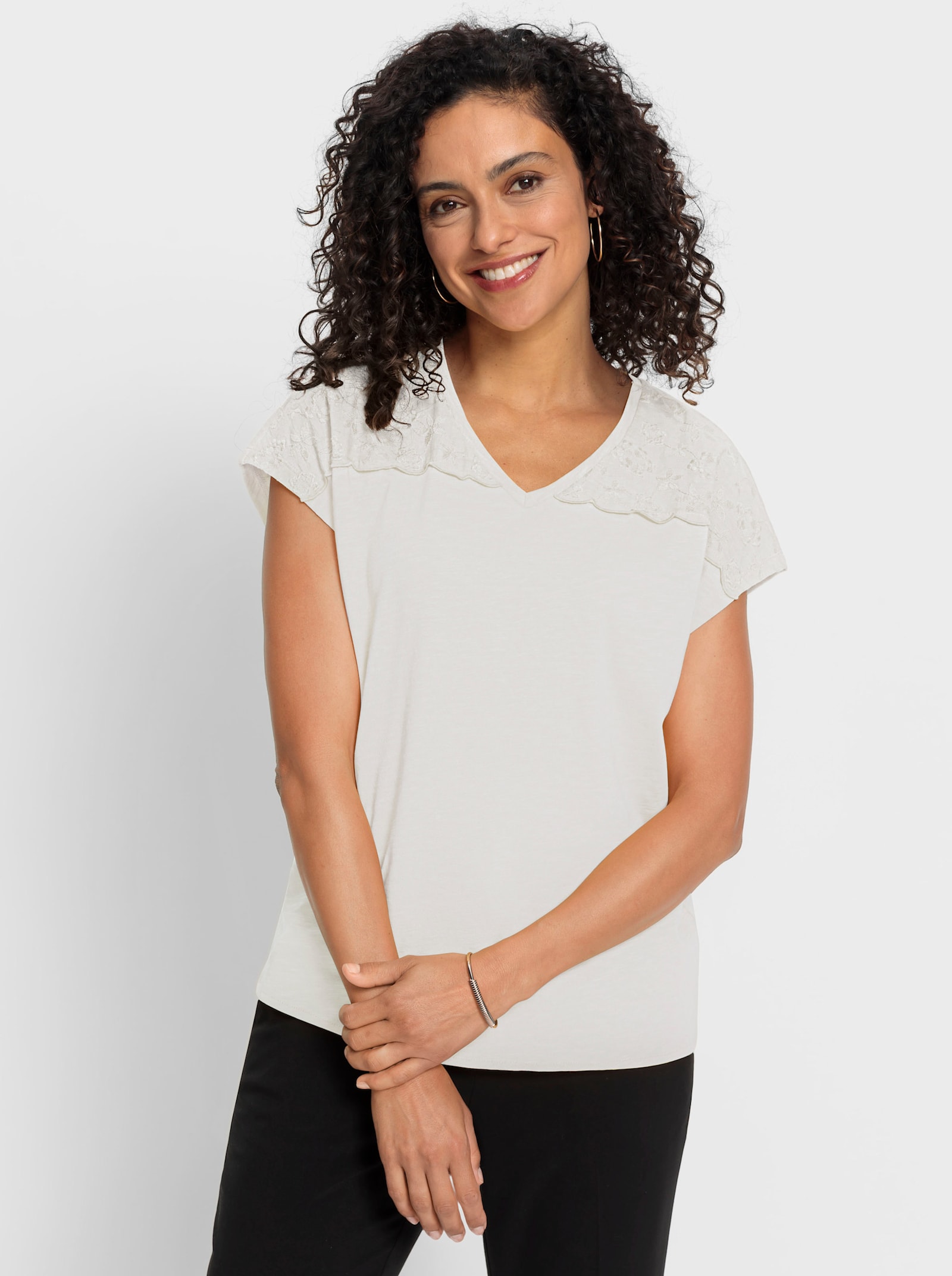 Shirt met korte mouwen en inzet met ajourwerk - ecru