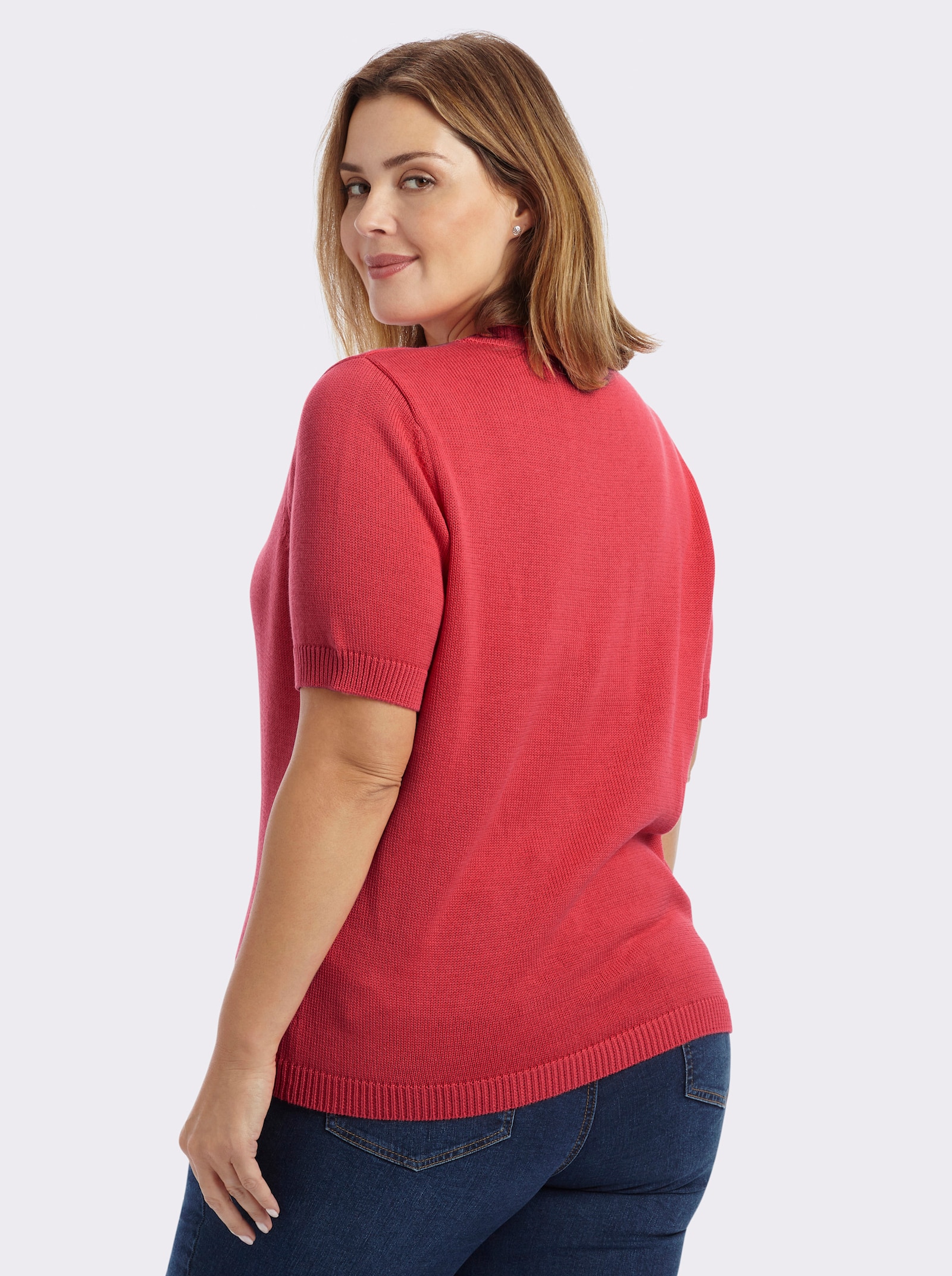 Kurzarmpullover mit Rippabschlüssen - korallenrot