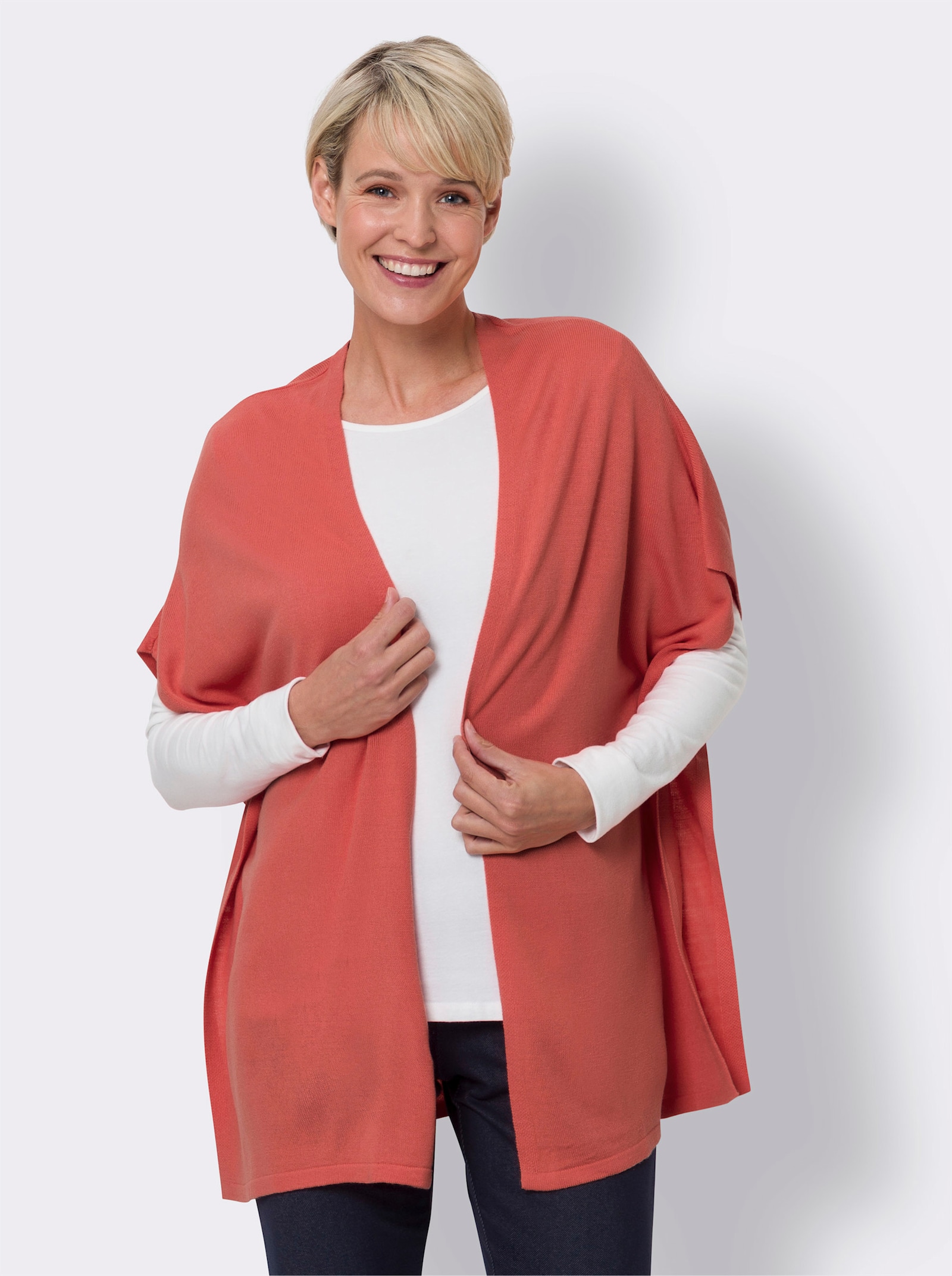 Strickponcho im Kimono-Style - koralle