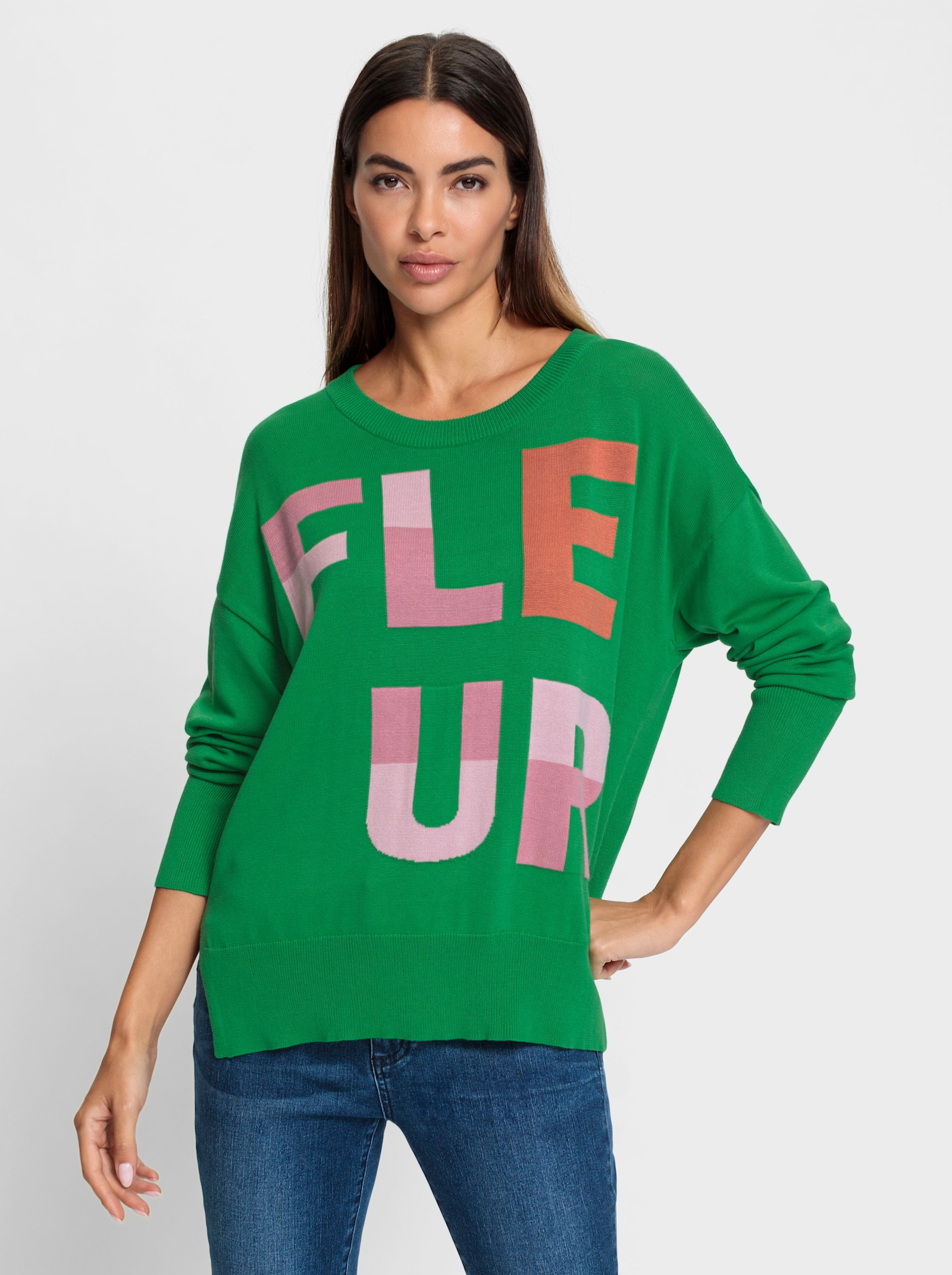 heine Pullover van fijntricot met opschrift - grasgroen/oudroze gedessineerd