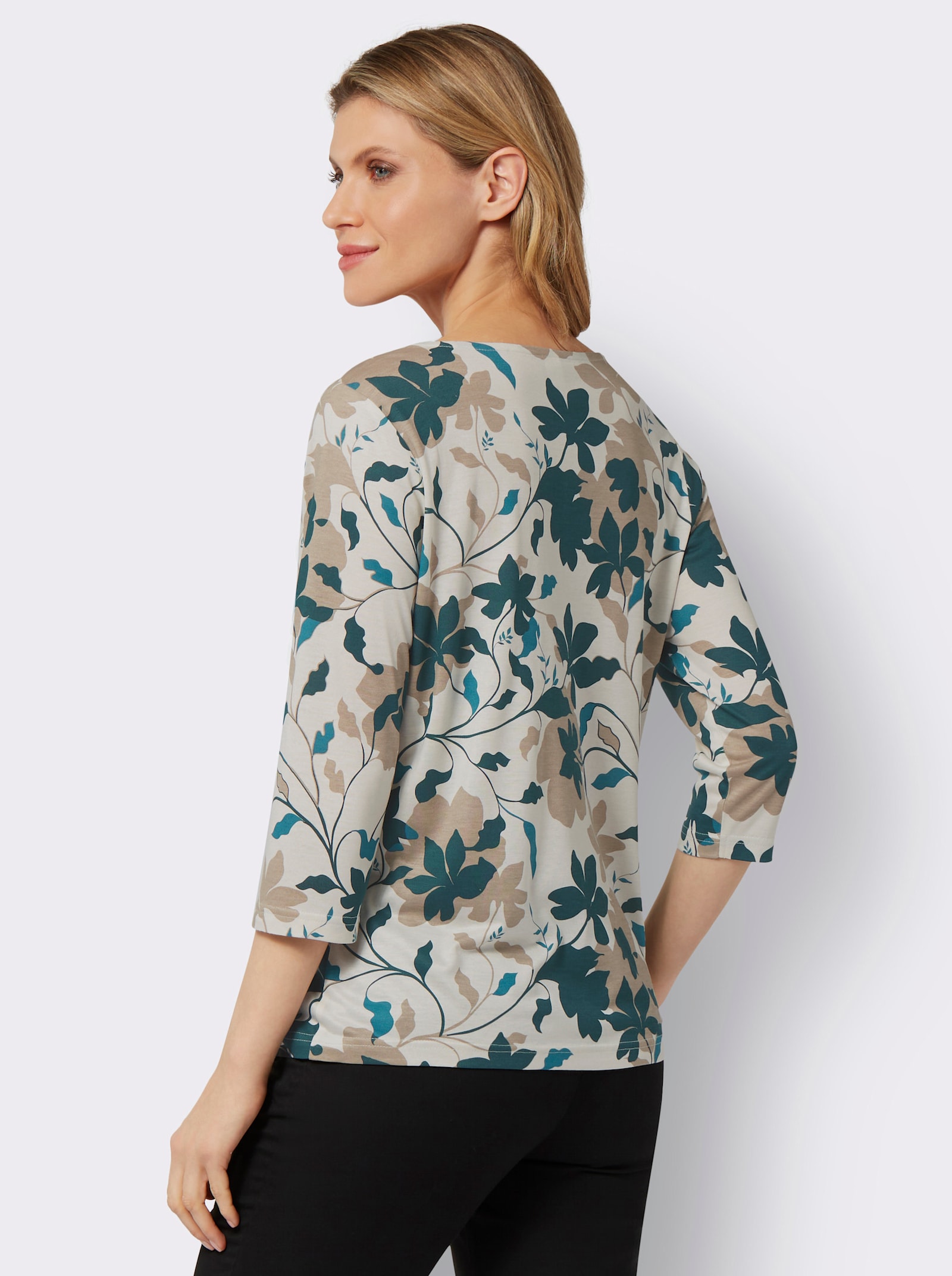 Tričko s kulatým výstřihem z čisté viskózy - champagner-petrol-bedruckt