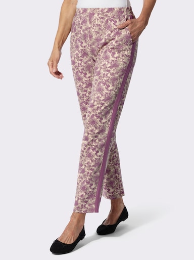Freizeithose mit Galonstreifen - sand-violett-bedruckt