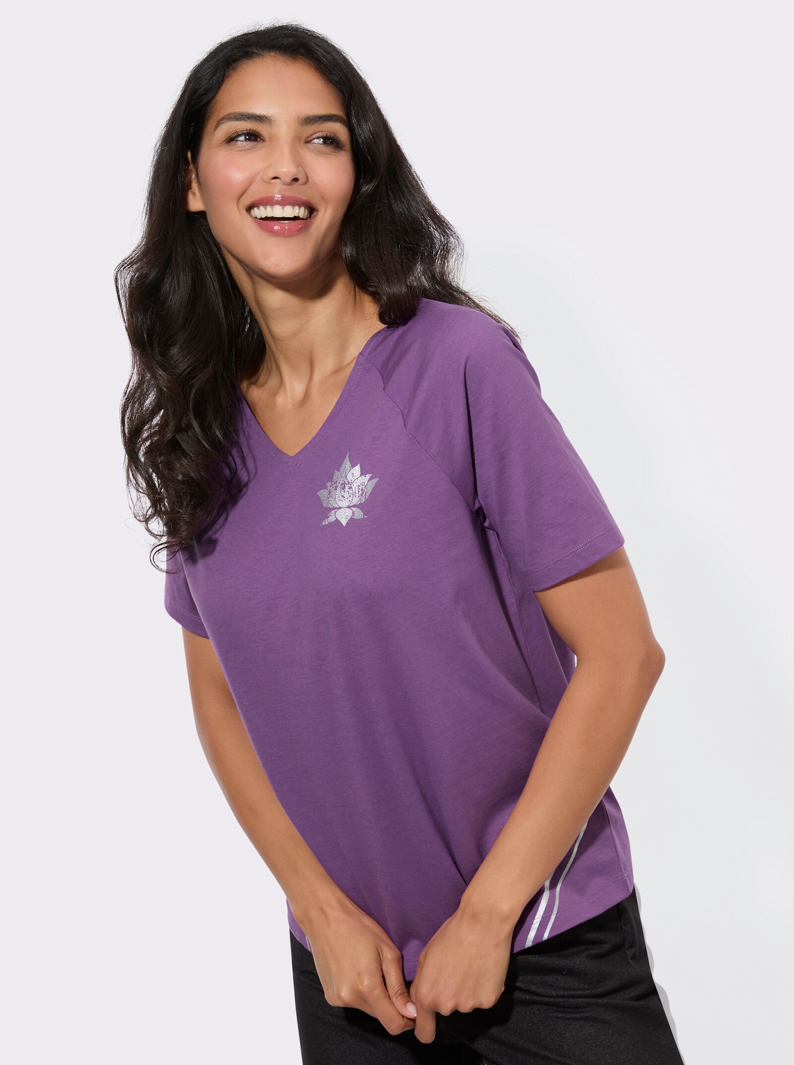 Kurzarmshirt mit Foliendruck - lila