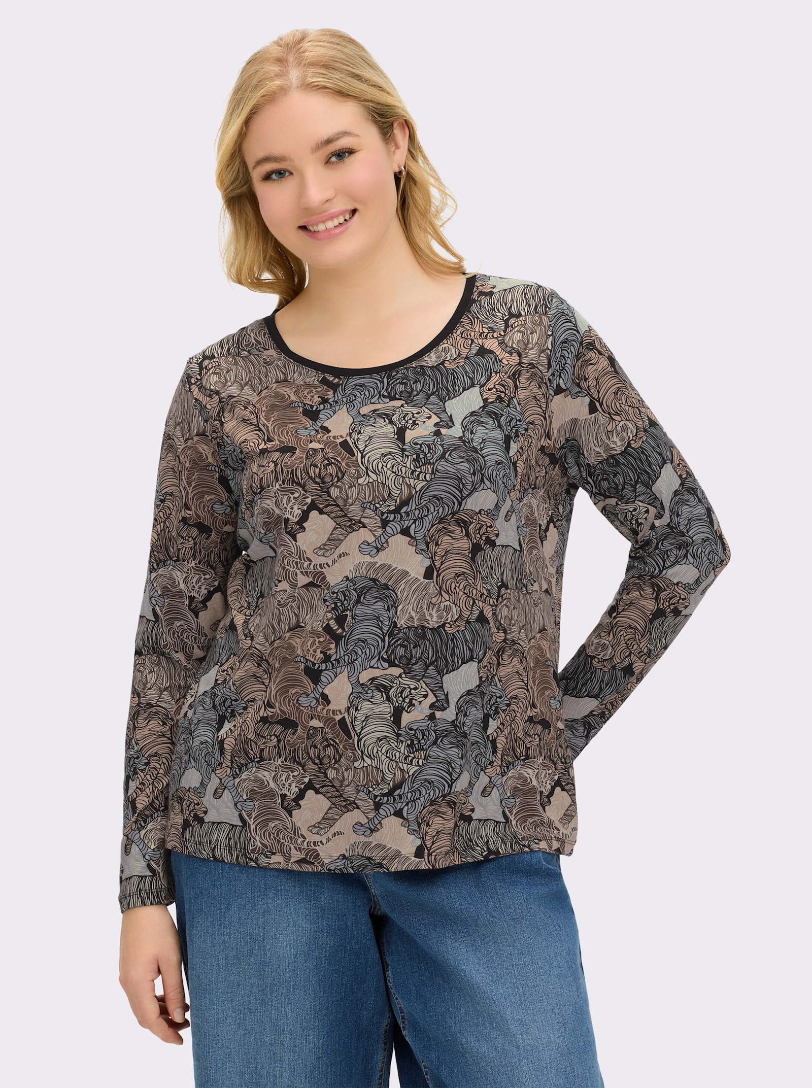 Langarmshirt mit kontrastfarbiger Paspel - schwarz-sand-bedruckt