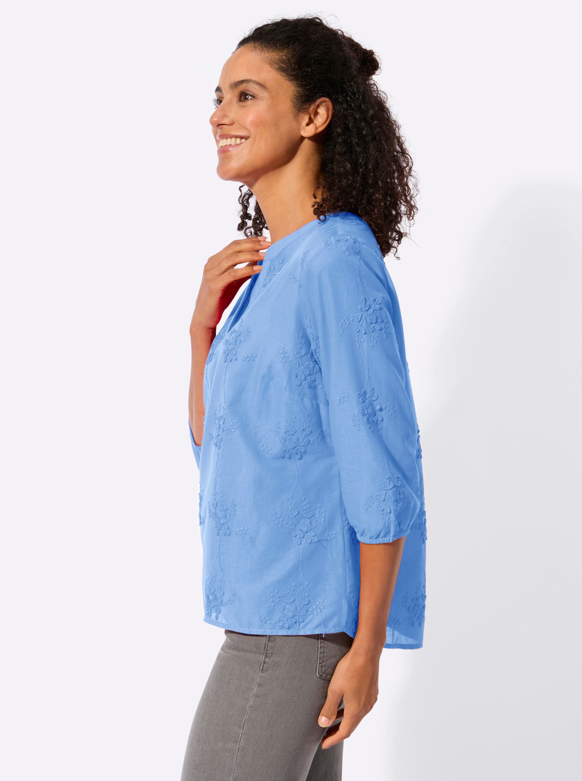 Inspirationen Damen Hellblau Schlupfbluse Gr. 42, Blau (Himmelblau), 100% Baumwolle, Unifarben, V-Ausschnitt, Blusen Schlupfbluse - Bild 2
