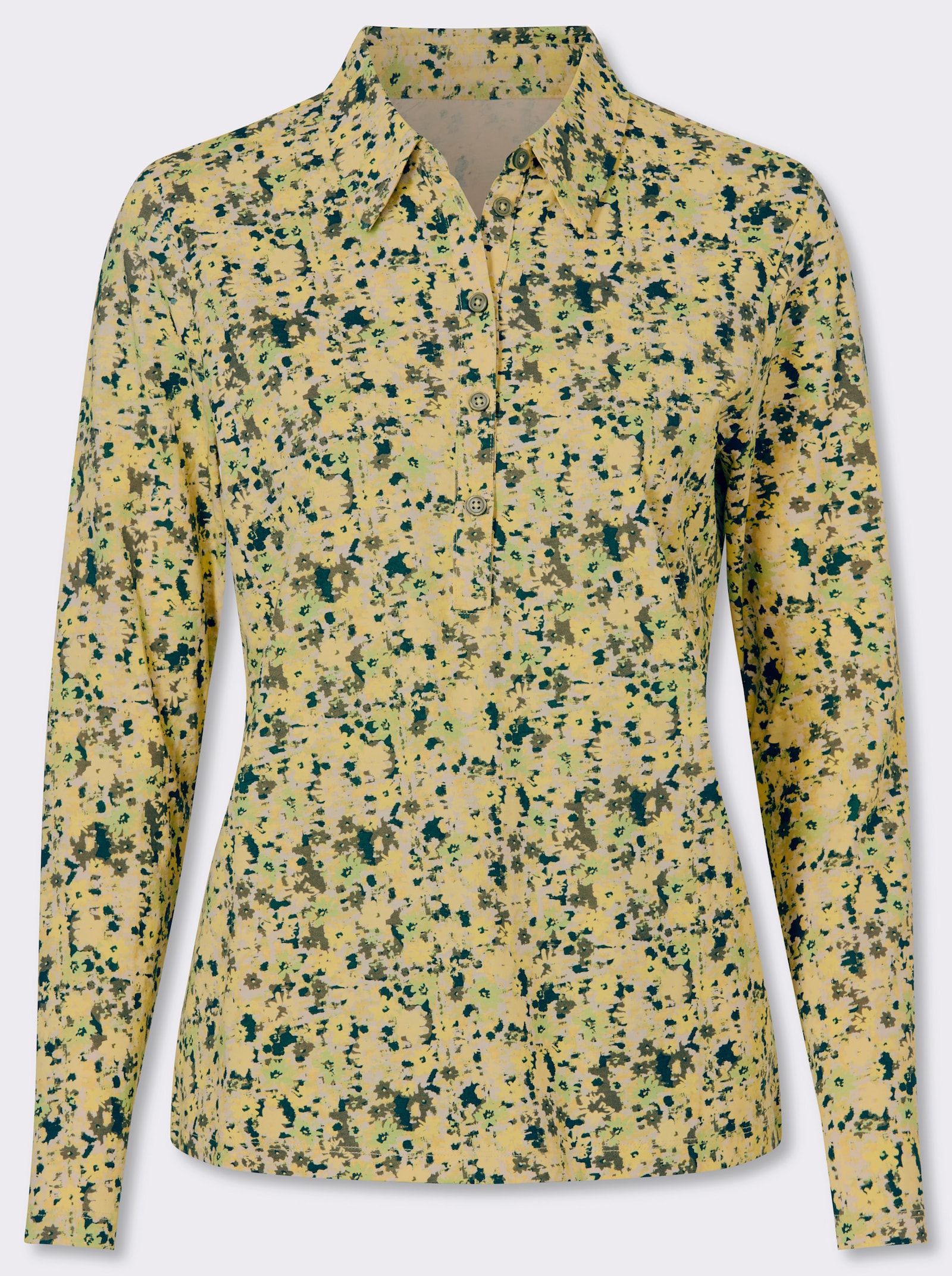 Poloshirt mit kurzer Knopfleiste, geblümt - elfenbein-zitrone-bedruckt