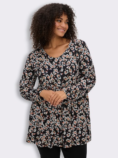 Tunikashirt in A-Linie - schwarz-papaya-bedruckt