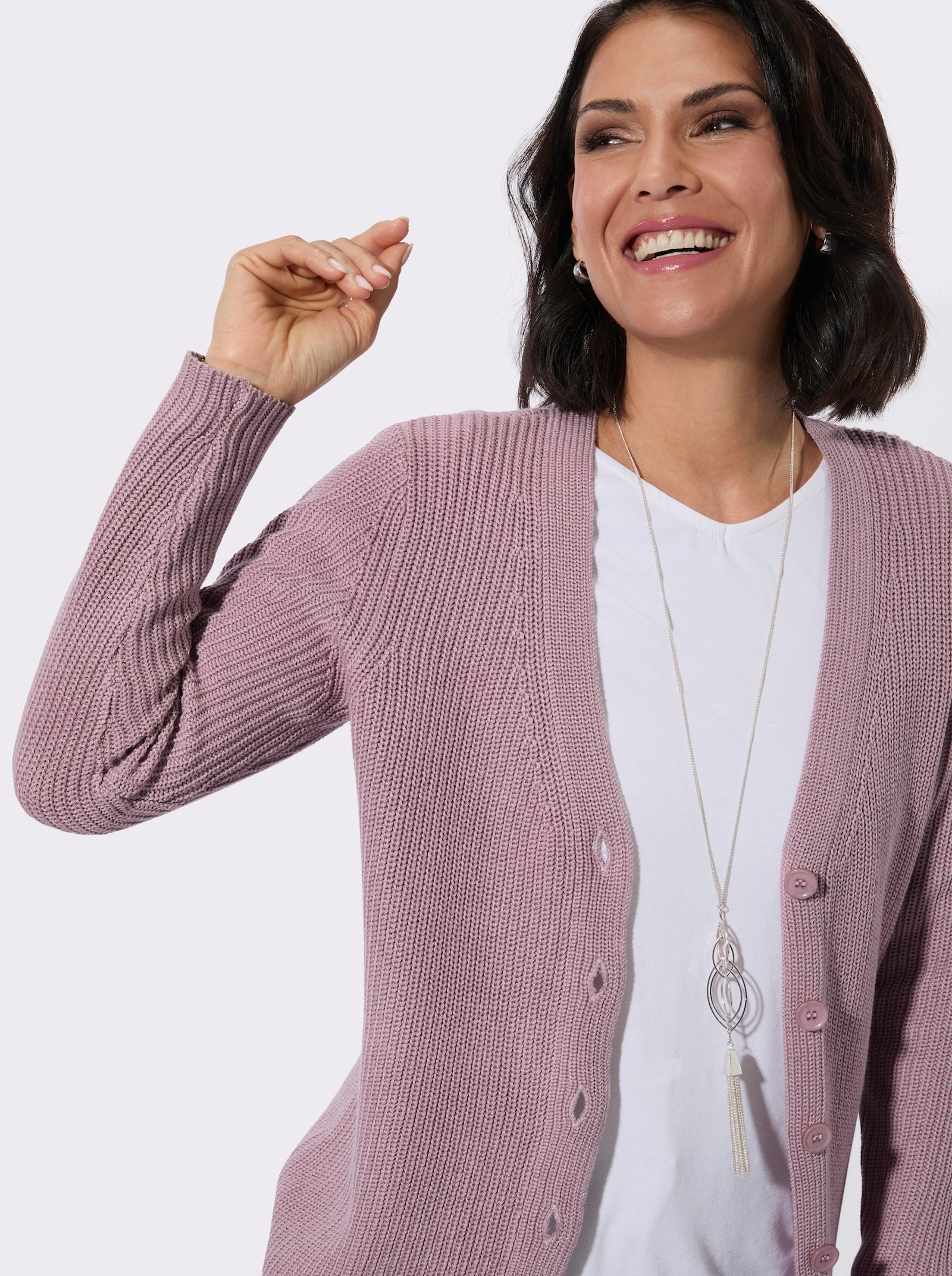 Longstrickjacke mit feiner Rippstruktur - mauve
