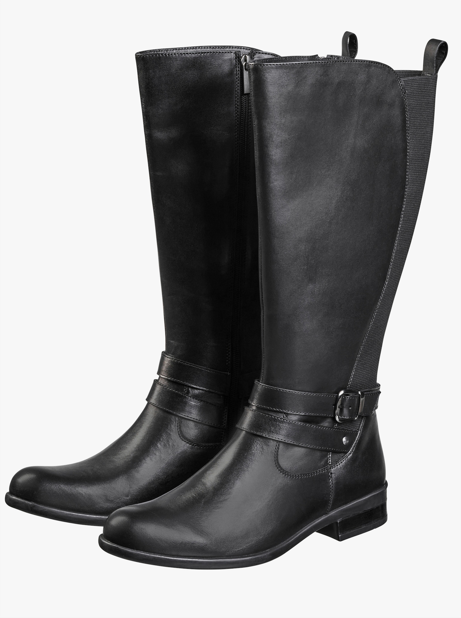 sheego Weitschaftstiefel aus Leder, mit Stretch-Einsatz - schwarz