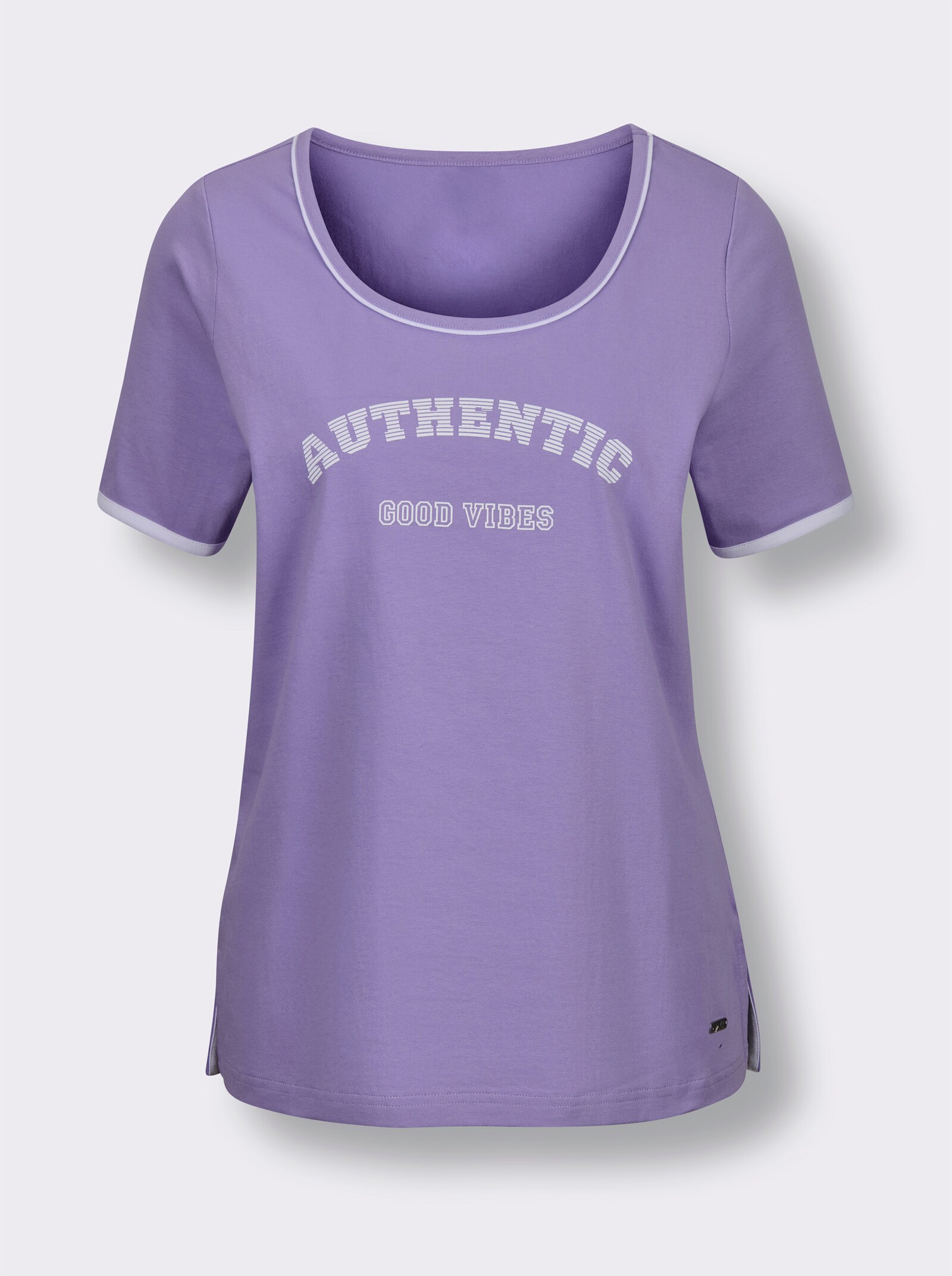 feel good Kurzarmshirt mit Schriftzug - lavendel-weiß