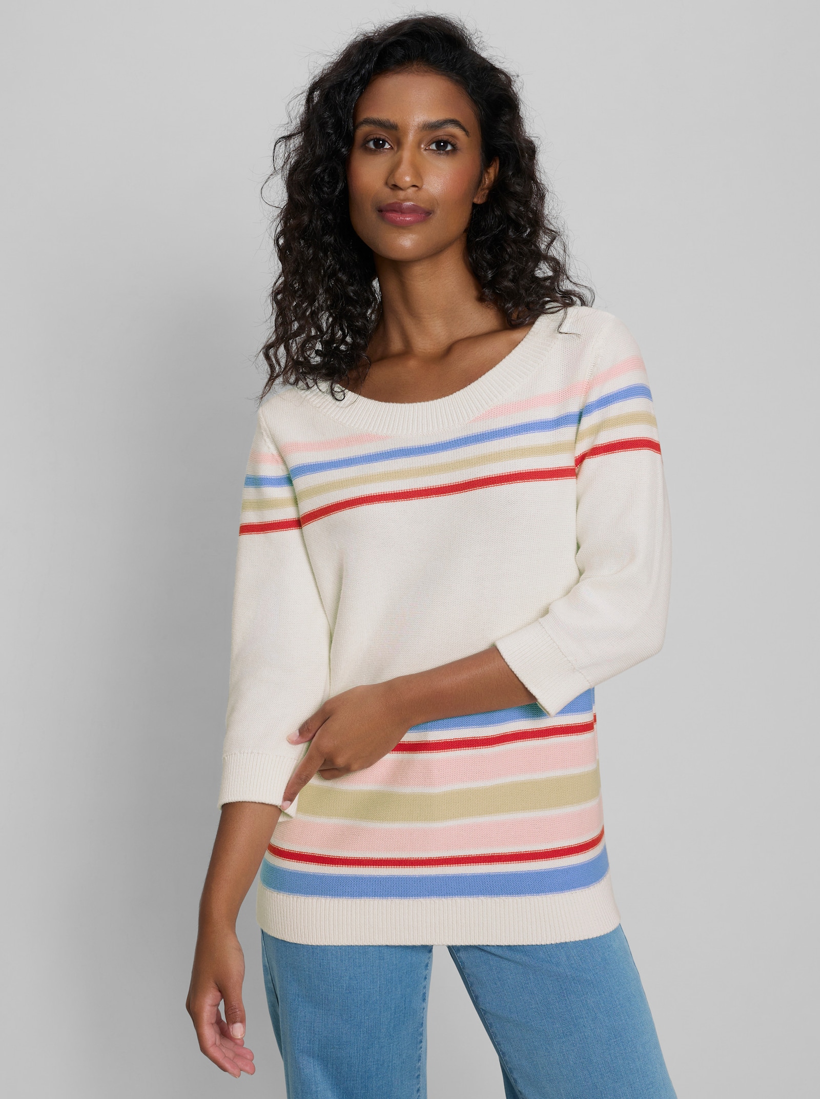 heine Baumwollpullover mit 3/4-Arm - ecru-himmelblau-gemustert