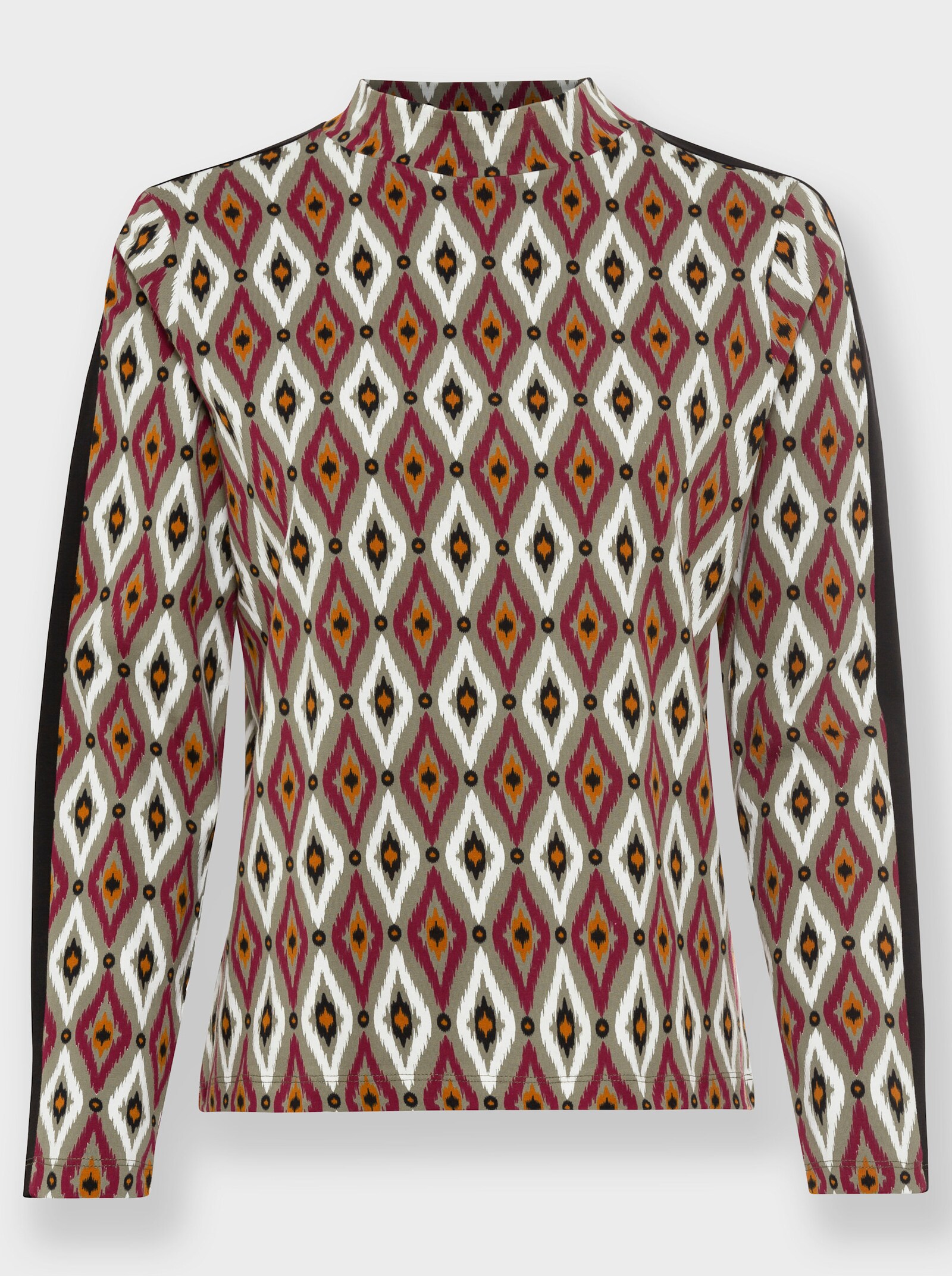heine Stehkragenshirt mit Kontraststreifen - khaki-bordeaux-bedruckt