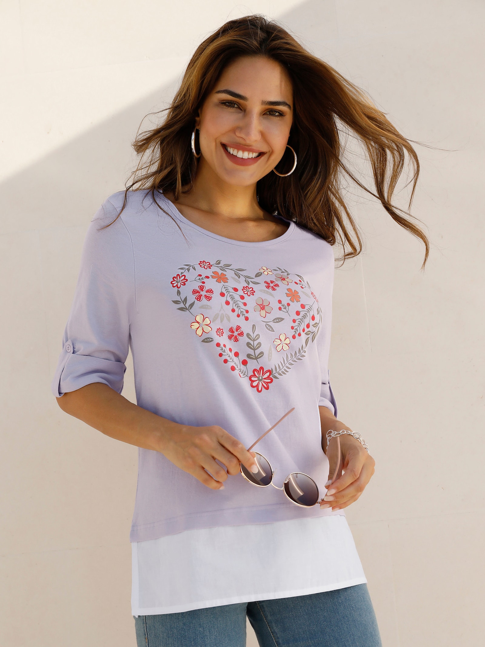 2-in-1-Shirt mit floralem Druck - flieder-weiß