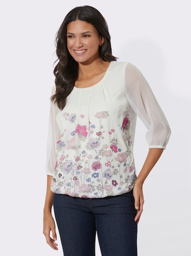 Tunika aus Chiffon, Blumen-Muster - ecru-hortensie-bedruckt