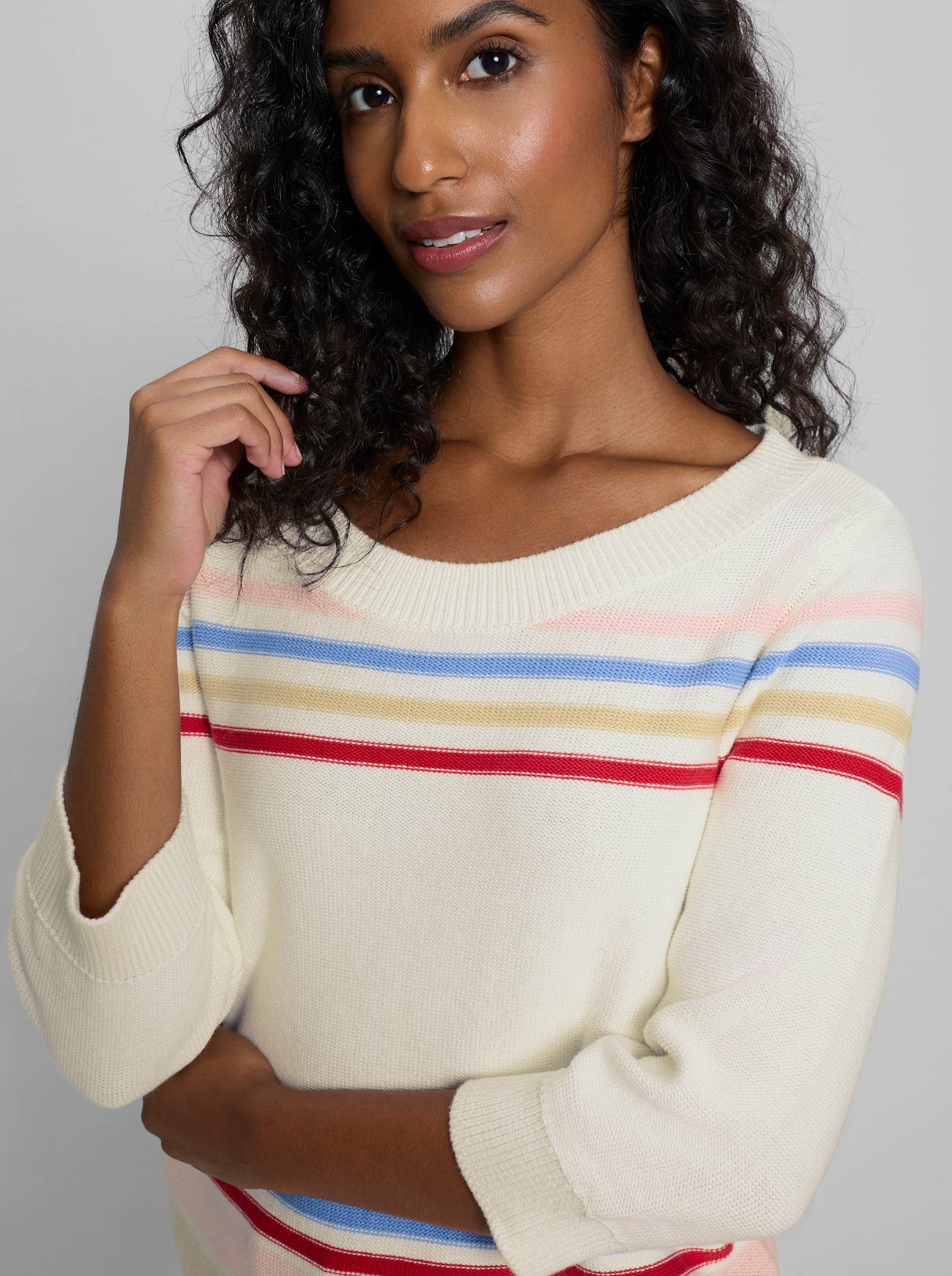 heine Baumwollpullover mit 3/4-Arm - ecru-himmelblau-gemustert