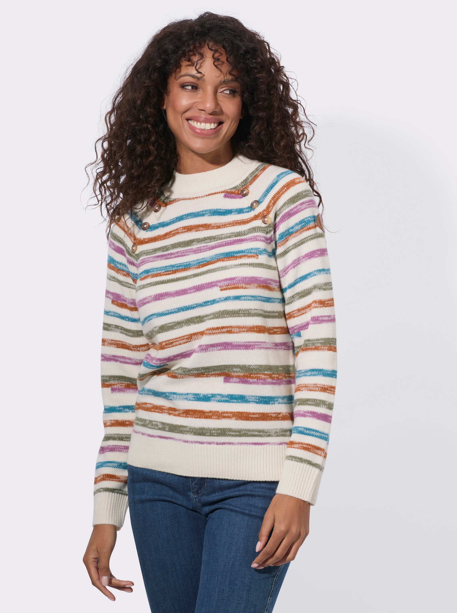  Langarm-Pullover mit Horn-Optik-Knöpfen - topas-cognac-gemustert