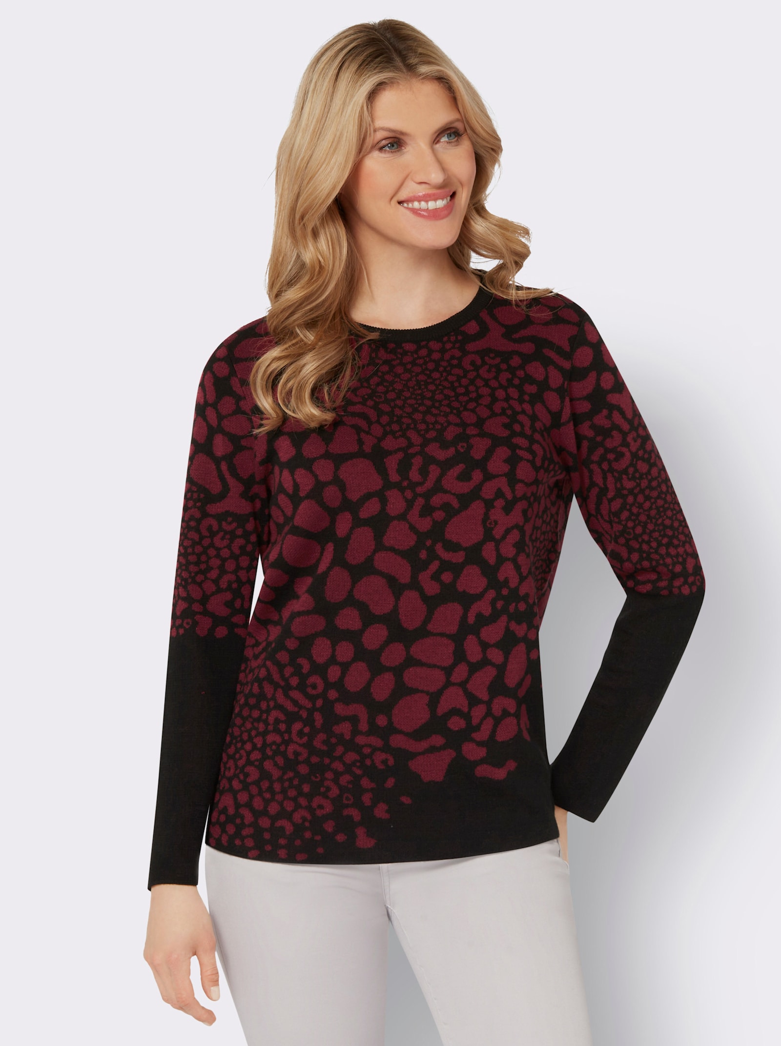 Jacquard-Pullover mit Rundhals-Ausschnitt - schwarz-dunkelrot-gemustert