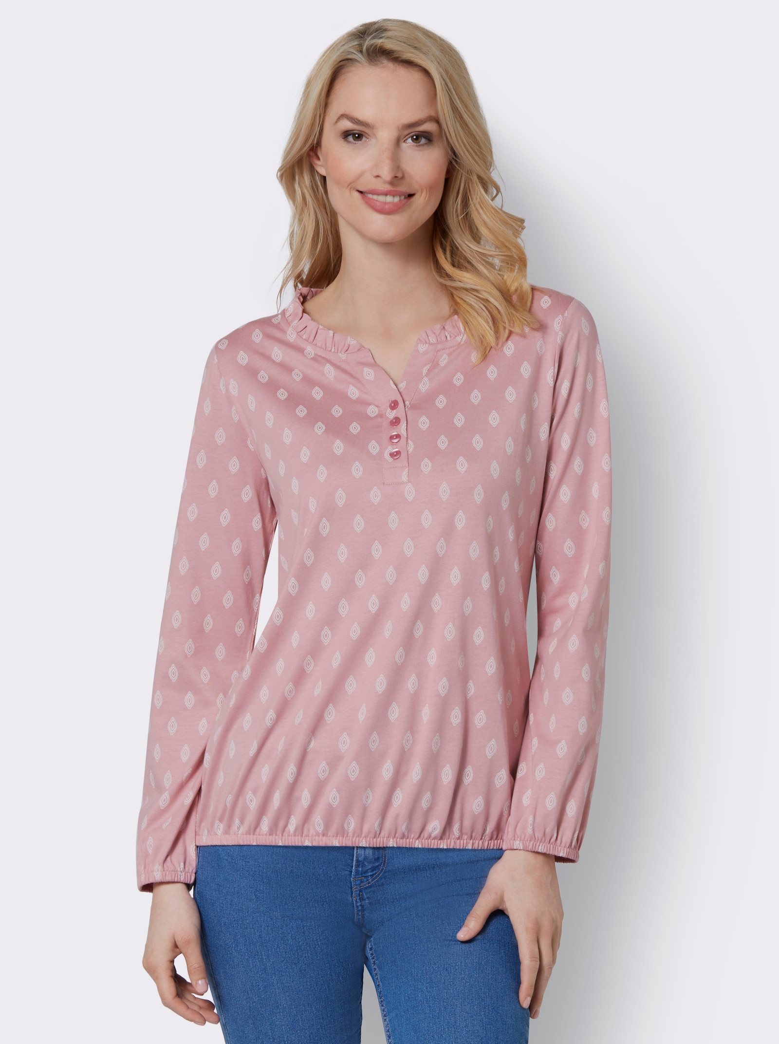 Langarmshirt mit Rüschen - hortensie-ecru-bedruckt