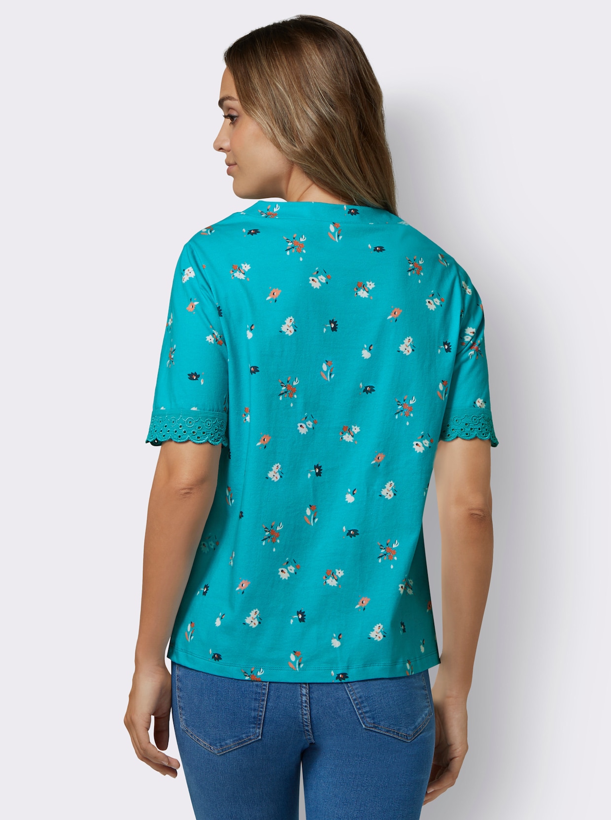 Kurzarm-Shirt - türkis-flamingo-bedruckt