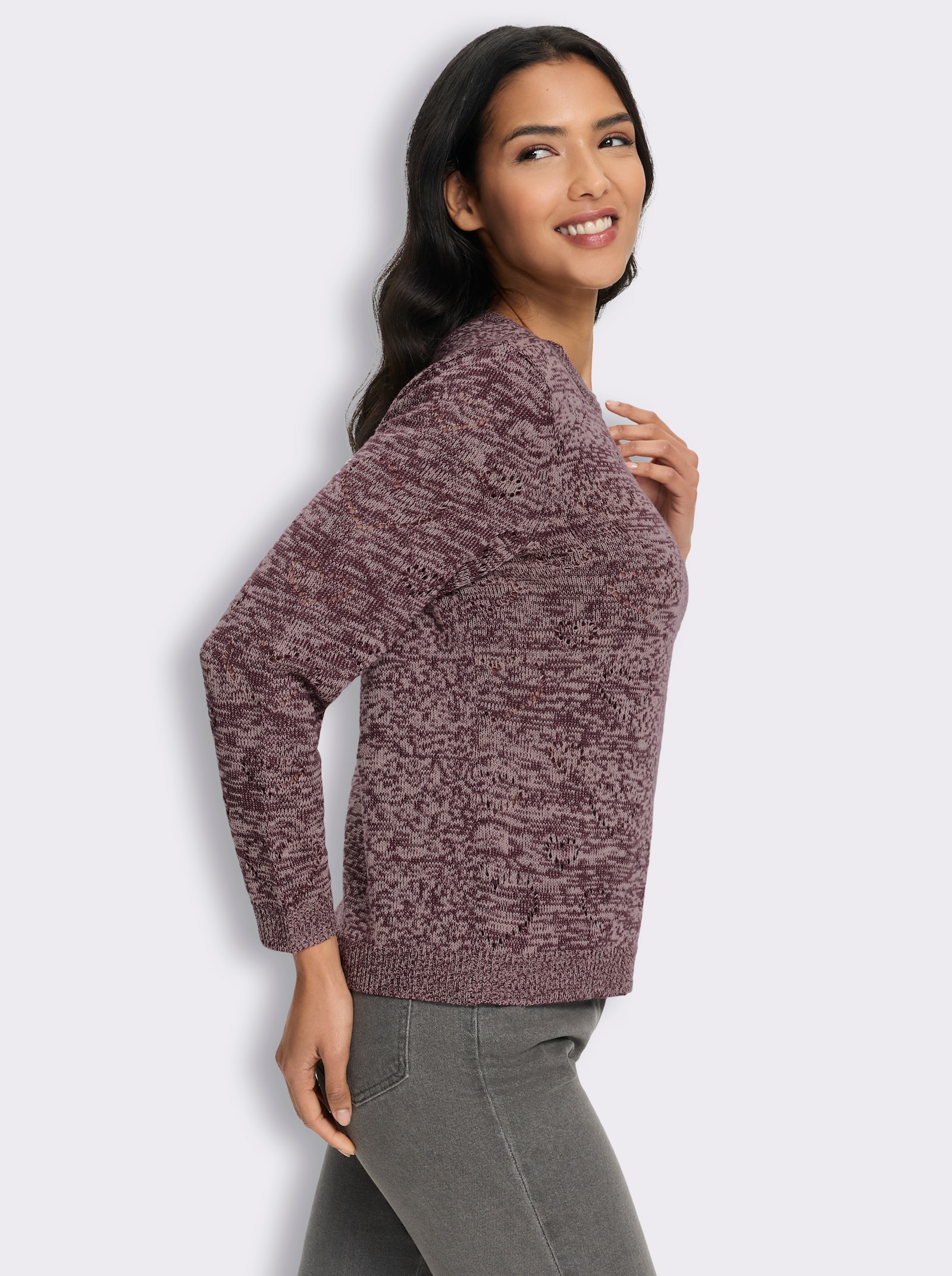 Ajourpullover mit Herzchen - burgund-puder-meliert