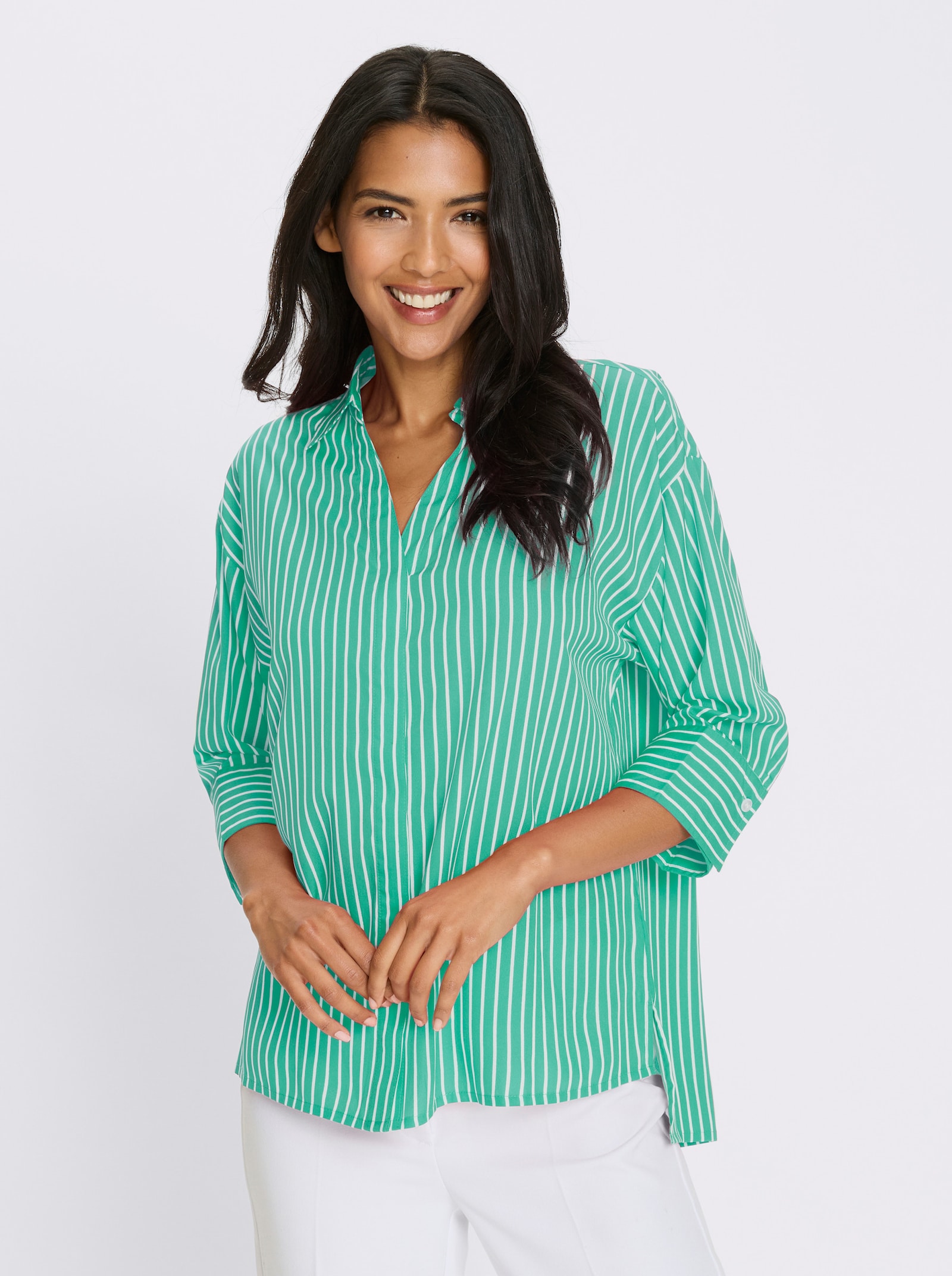 Lange blouse met stolpplooi achter - wit/blauwgroen gestreept